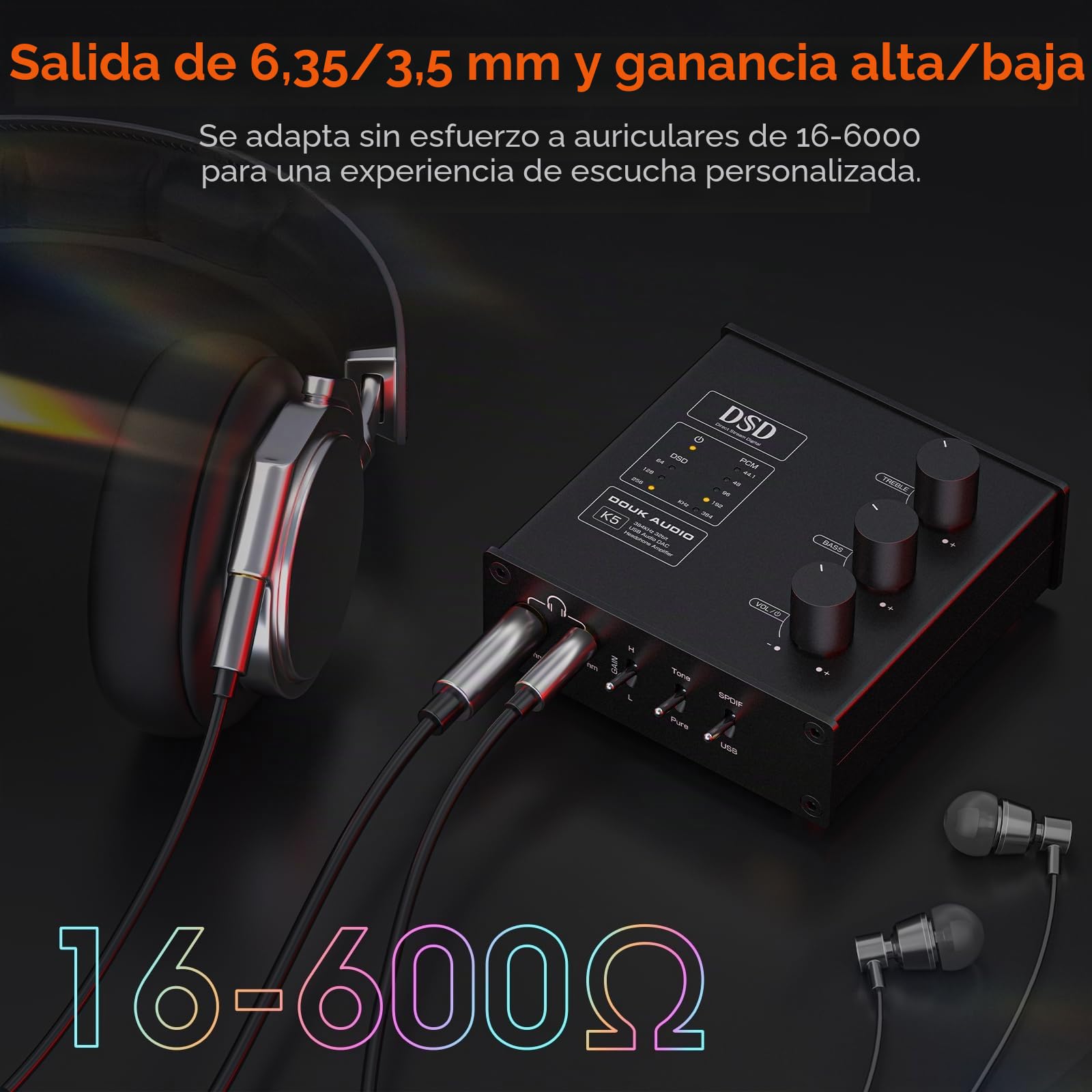 Douk Audio K5 PC DAC Amplificador para auriculares con USB y entrada óptica DSD256 para amplificador, altavoces, Mac, ordenador