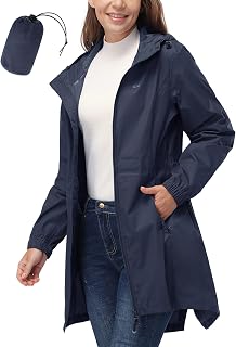 Women's Waterproof Long Rain Coats Packable Rain Jacket with Hood Trench Coats Windbreaker