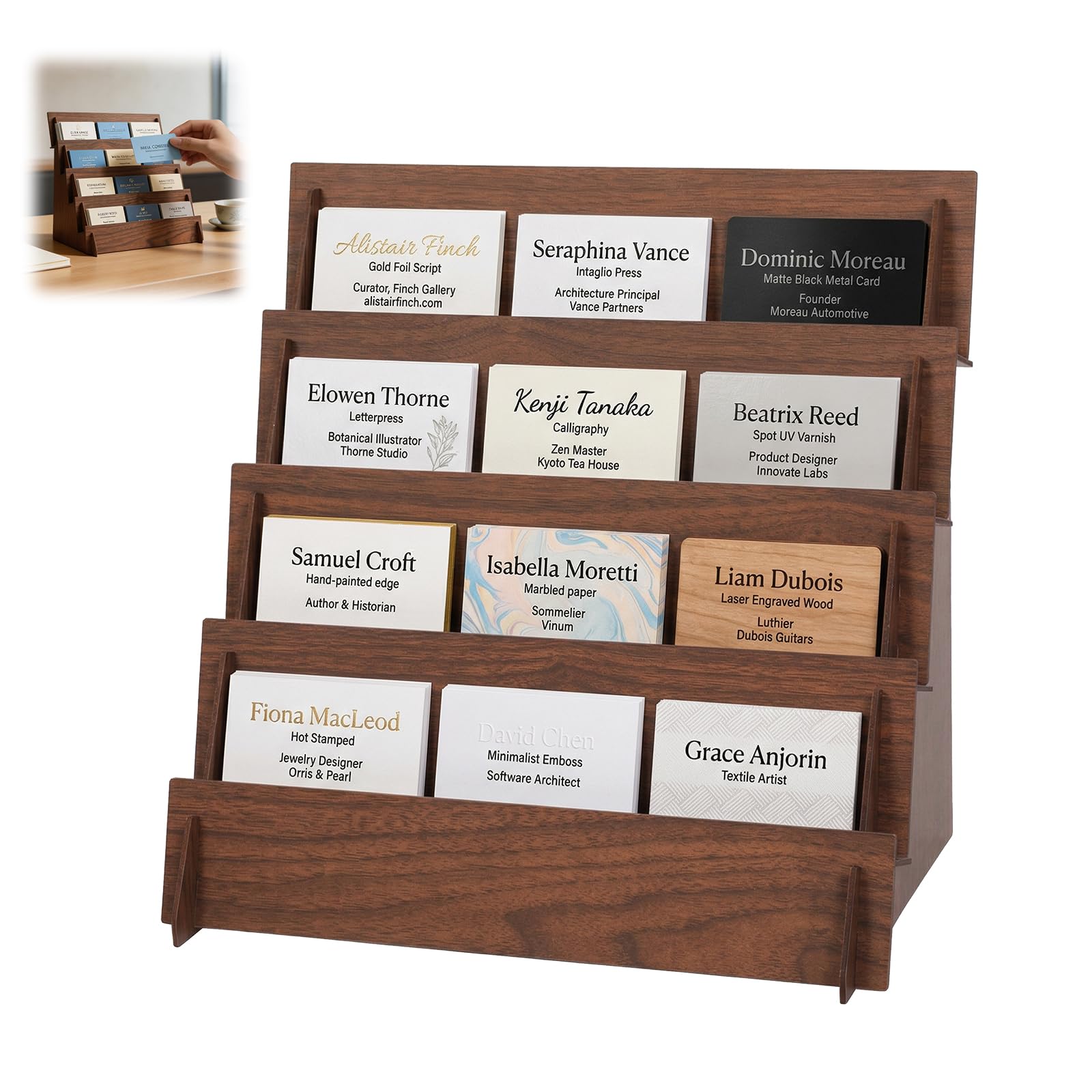 Kuanght Brown 4 Tier Business Card Holders, Wooden Greeting Card Display Stand, Desktop Postcard And Brochure Holder, Portable Retail Rack Organizer For Craft Fairs, Exhibitions, Office And Home