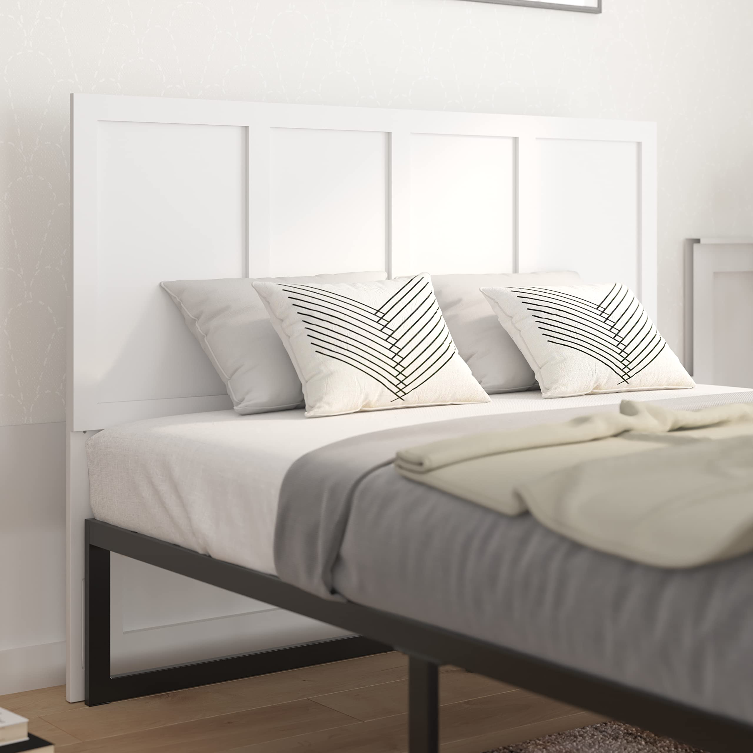 Taylor & Logan Oakley Queen Size Four Panel Adjustable Solid Wood Headboard for Universal Metal Bedframes in White