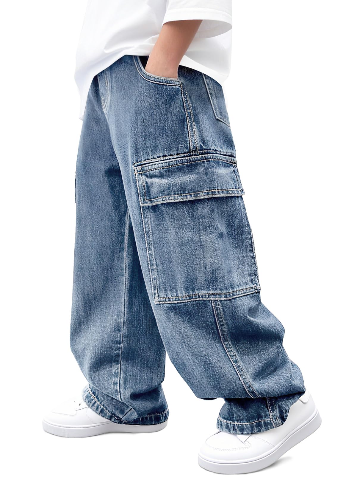 Photo 1 of Haloumoning Boys Cargo Jeans Kids Baggy Elastic Waist Wide Leg Denim Pants with Pockets 5-14 Years Light Blue