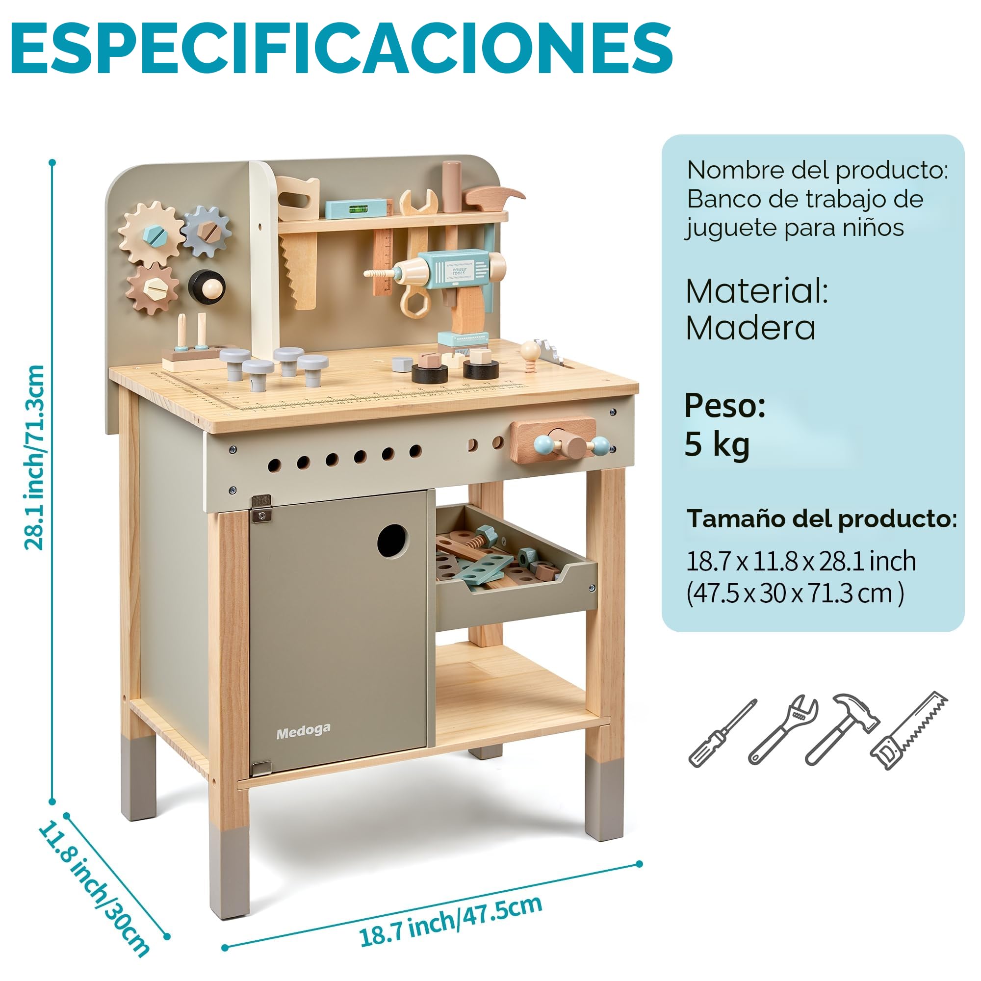 Banco de herramientas para niños, juego de herramientas de juego de madera con cinturón de herramientas para niños, banco de trabajo para niños, juego de herramientas de construcción de simulación