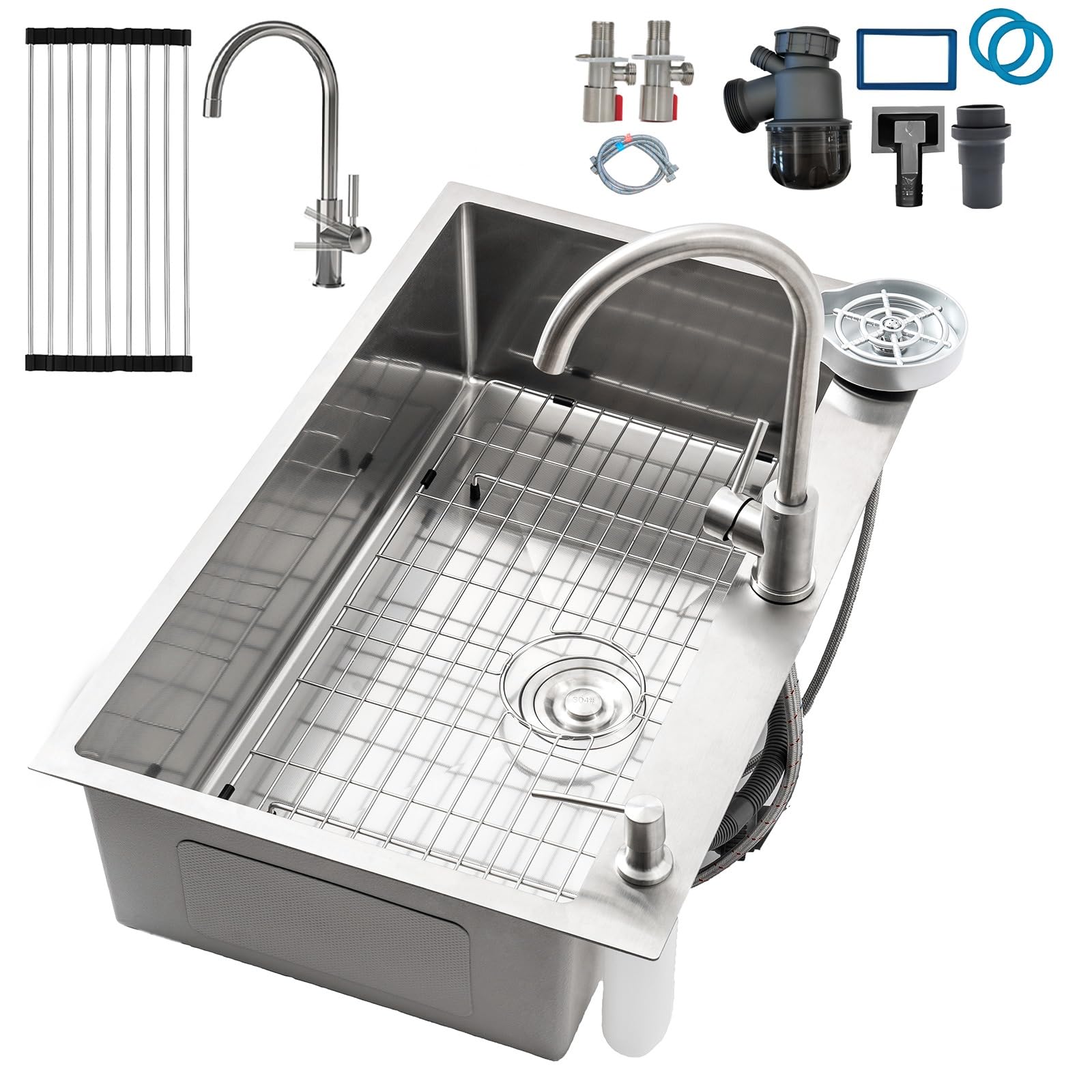Fregadero Cocina 1 Seno, Acero Inoxidable Fregadero Con Escurreplatos Y Dispensador De Jabón, Fregadero De Cocina Pequeño Con 2 Agujeros Pretaladrados, Fregadero Sobre Encimera O Enrasado(Silver#2,85x