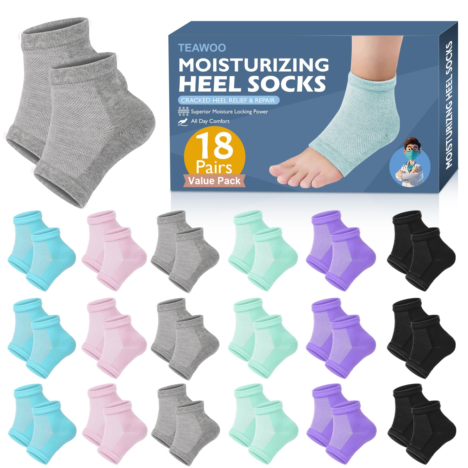 TEAWOO 18 Pairs Moisturizing Toeless Socks for Cracked Heels