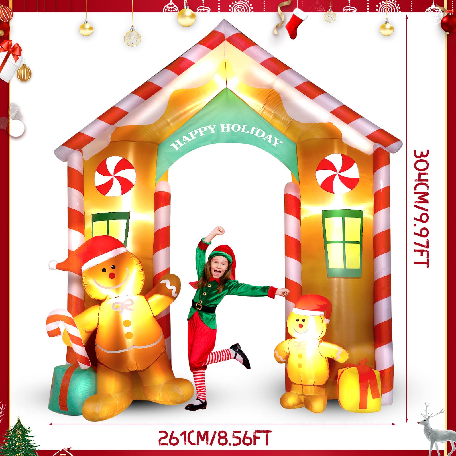 9.97 ft Inflatable Christmas Arch Outdoor Decoration Blow up Gingerbread Man Cookie House and