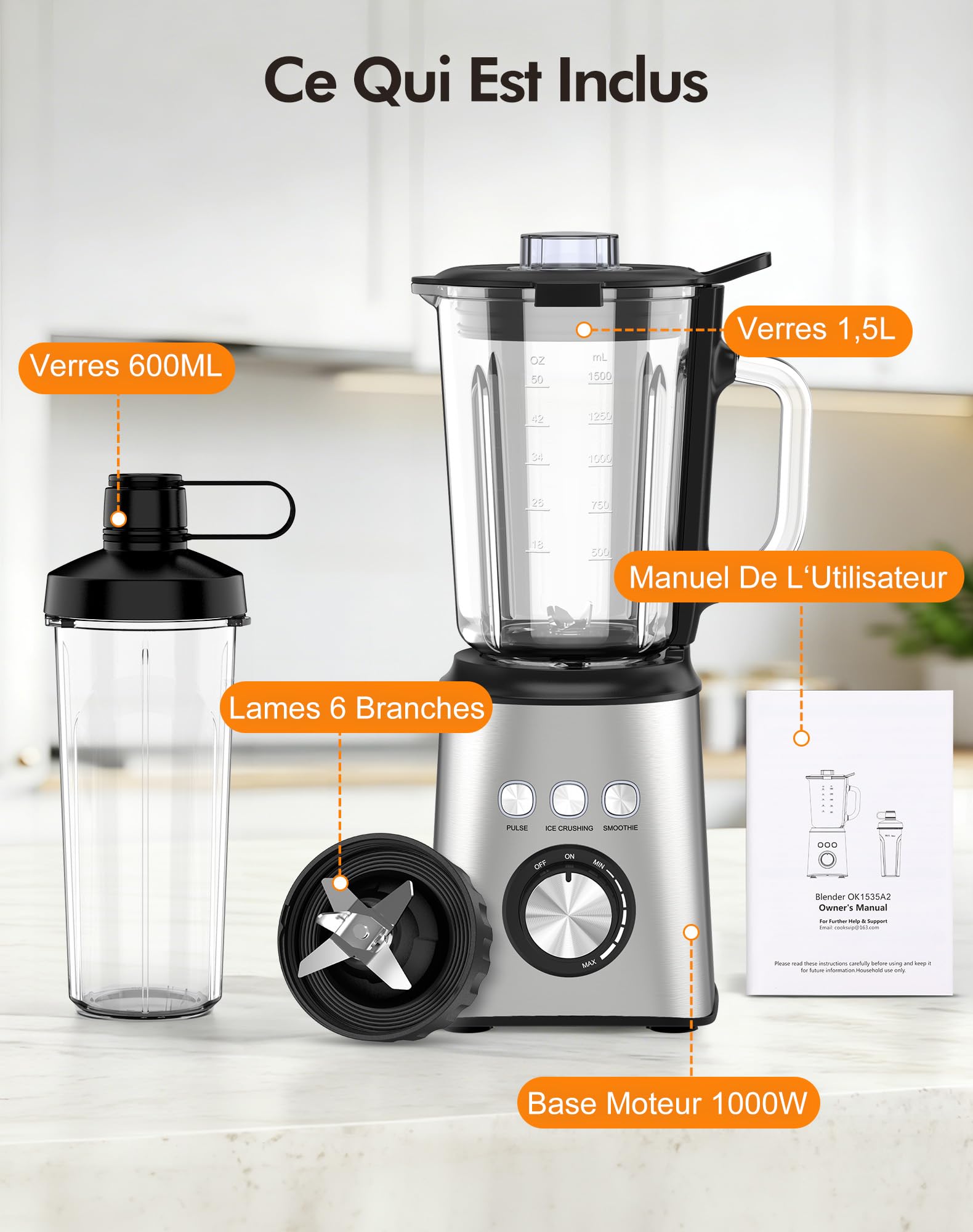 Blender Mixeur 1000W, Blender Smoothie Haute Vitesse avec Bol verre 1,5 L & Tasse 600ml, 3 Modes et Vitesse Infinie, 24000 tr/min, Inox, Pour Glace Pilée, Smoothies, Jus, Shakes (Blender-01)