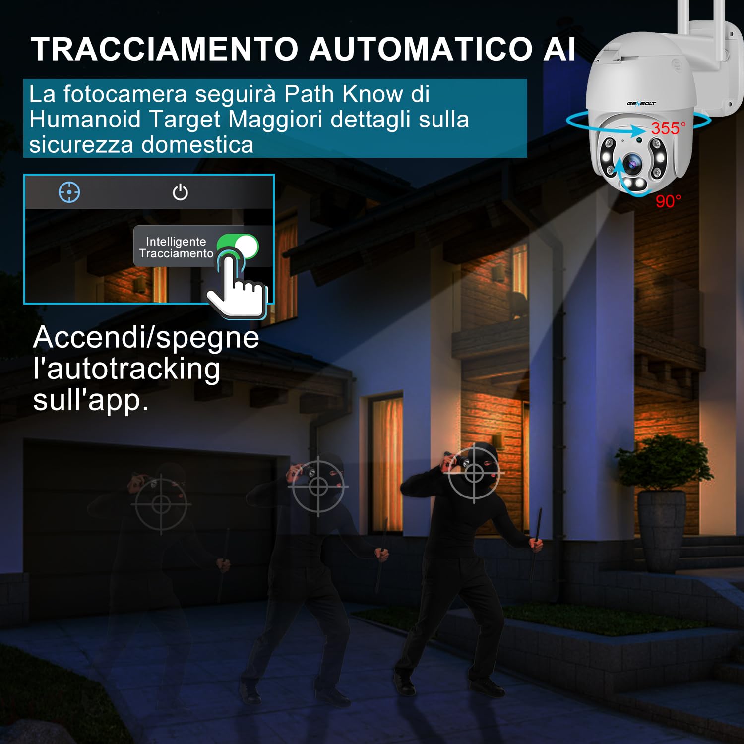 GENBOLT 2.5K Telecamera Wi-Fi Sicurezza Esterno PoE PTZ | DC & PoE, Visione Notturna a Colori, Zoom Digitale 4X, 2-Audio, Allarme Sonoro e Luminoso