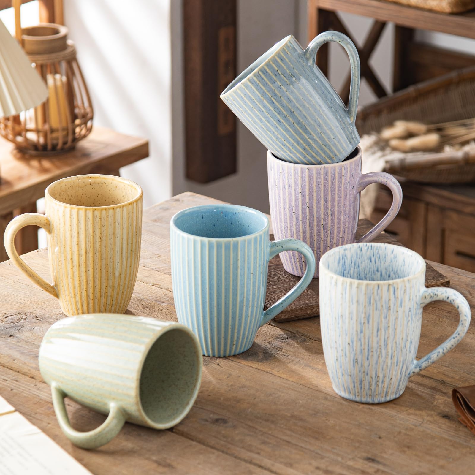 Yundu - Juego de 6 tazas de café de 16 onzas, tazas de café grandes, taza de cerámica con asa, tazas de enemigo Latte, té, capuchino, varios colores