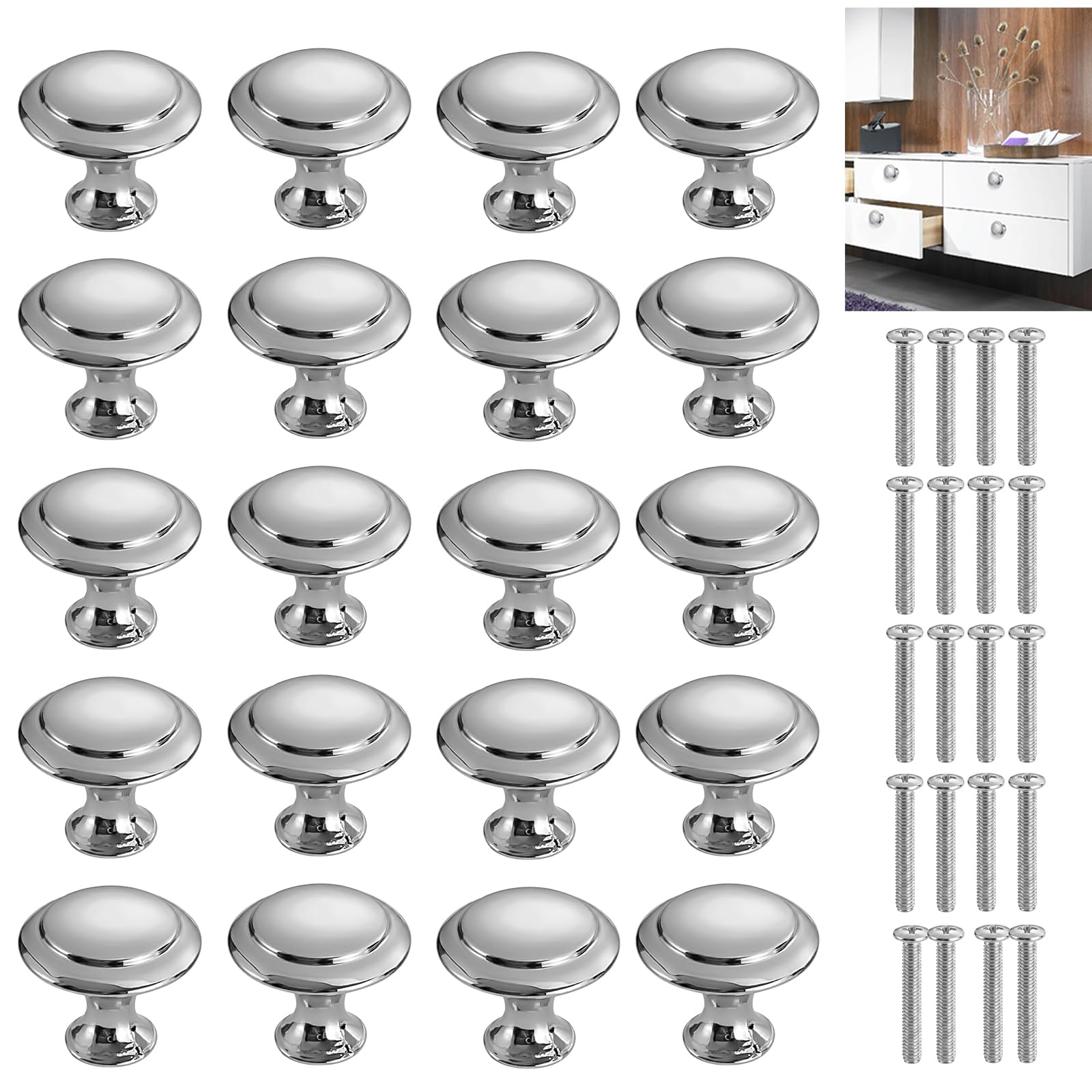 Hounyou 20 Set Silver Door Cupboard Knobs, 30mm Mushroom Shape Cabinet Knobs for Cupboards Wardrobe Handles