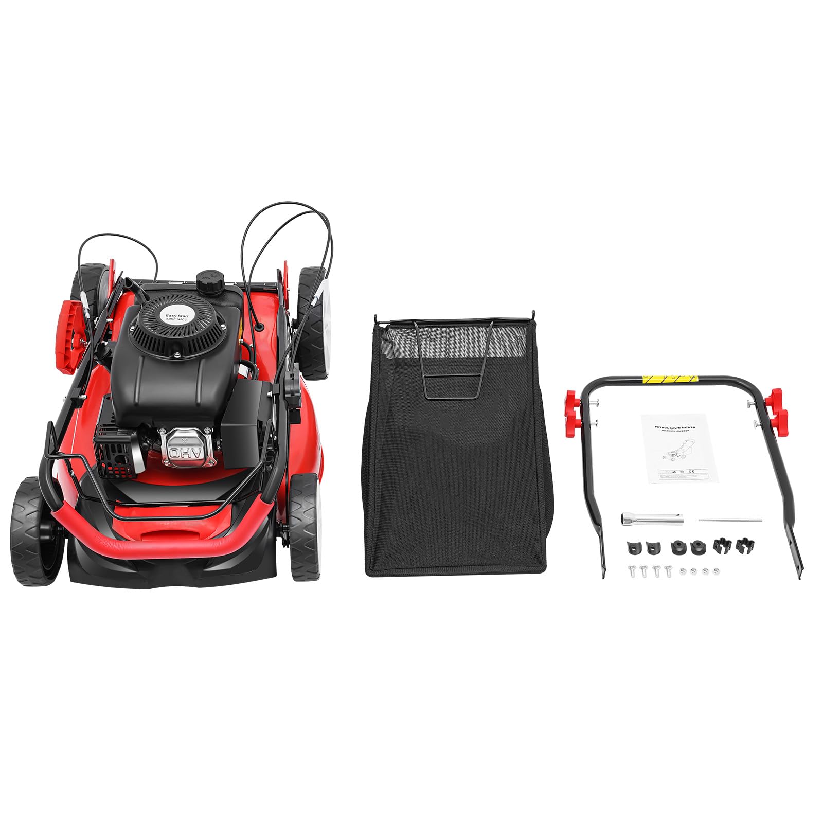 Cortacésped autopropulsado de gasolina 5 CV, 140 cc, ancho de corte de 51 cm, 8 alturas, depósito de 1,6 L, saco de 60 L, motor de 4 tiempos, arranque por cable, 70 dB, máquina de cuidado