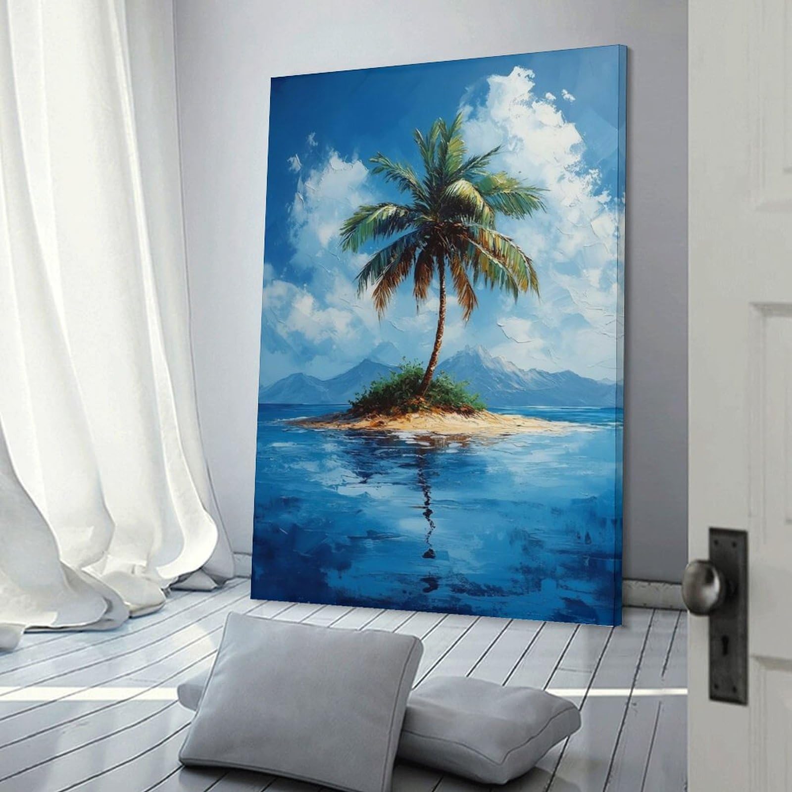 Junmoney Frame-Style-16 Tropical Island Palm Tree Painting Canvas Wall Picture, 08X12inch(20X30cm), For Study, Office Or Focused Interiors, Home Office Artwork With Decorative Appeal