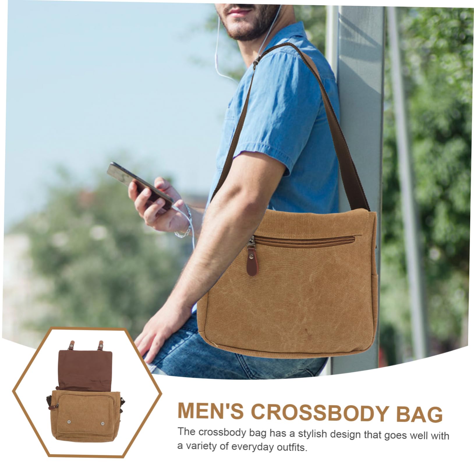 Angoily Bolso Bandolera Mediano de Lona Caqui para Hombre y Estudiantes