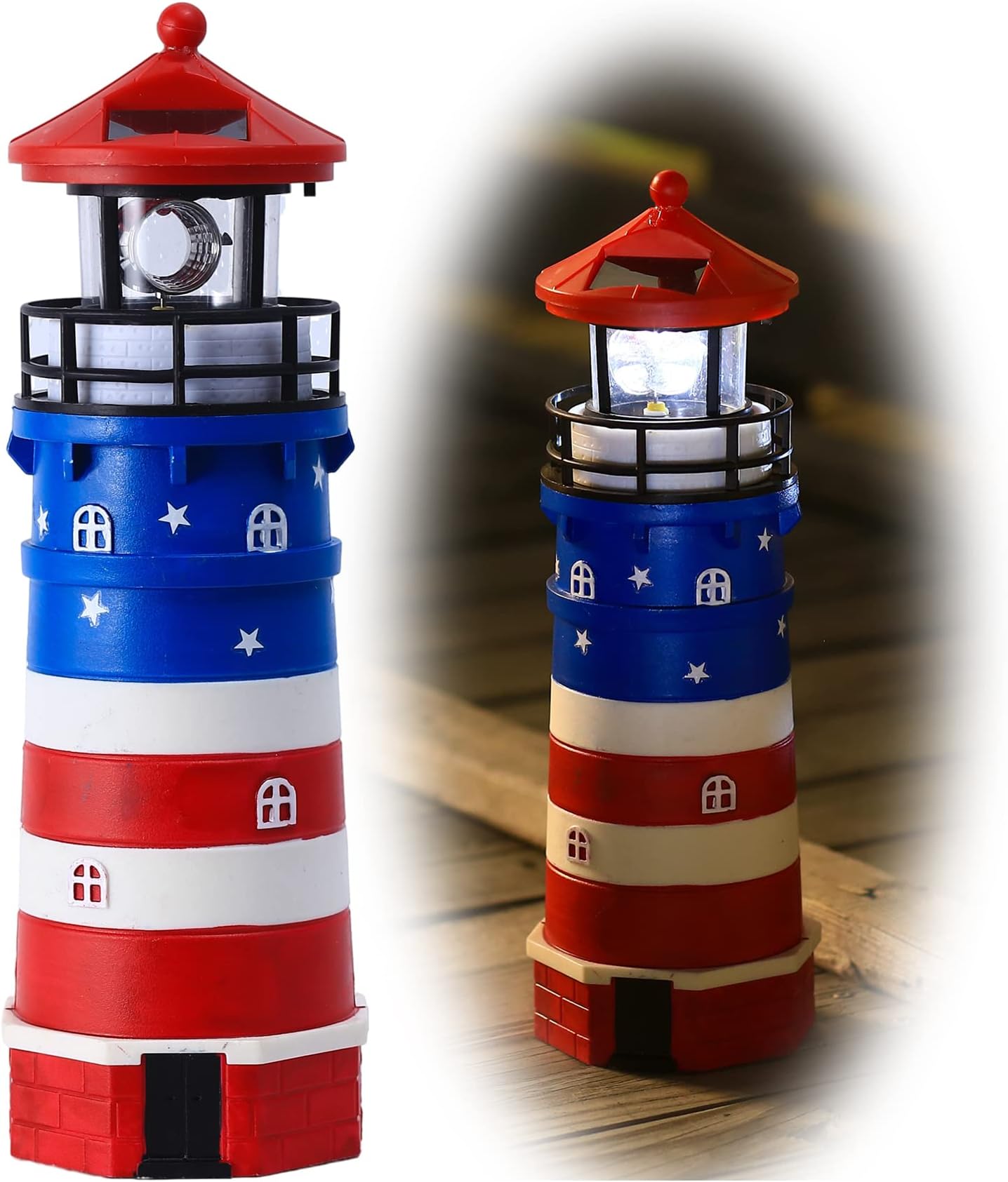 WDLFCGC Solar Powered Lighthouse - 12" Tall Solar Lighthouse with Rotating Beacon, 360 Degree Rotating Lighthouse Decoration, Best Lighthouse Gifts for Children(US Flag Red Top)