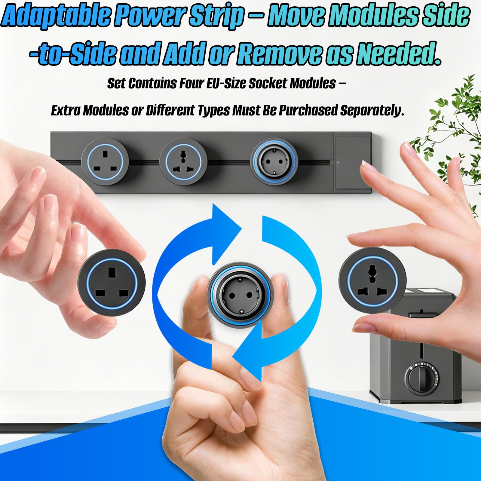 Binario Elettrico a Vista 50 cm, con 4 Prese Eu – Moduli Scorrevoli, Alimentazione Rotante On/Off, Facile Installazione Senza Incasso A Parete, Ideale Per Cucina, Soggiorno E Camera Da Letto