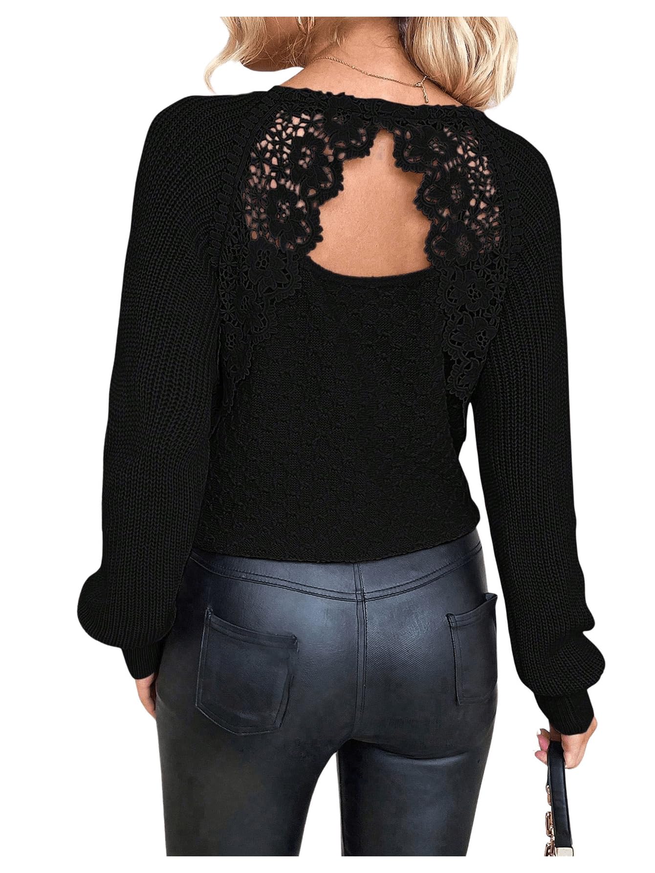 GORGLITTER Womens Lace Open Back Sweater Tops Long Sleeve V Neck Cut Out Knit Top Backless Fall Sweater