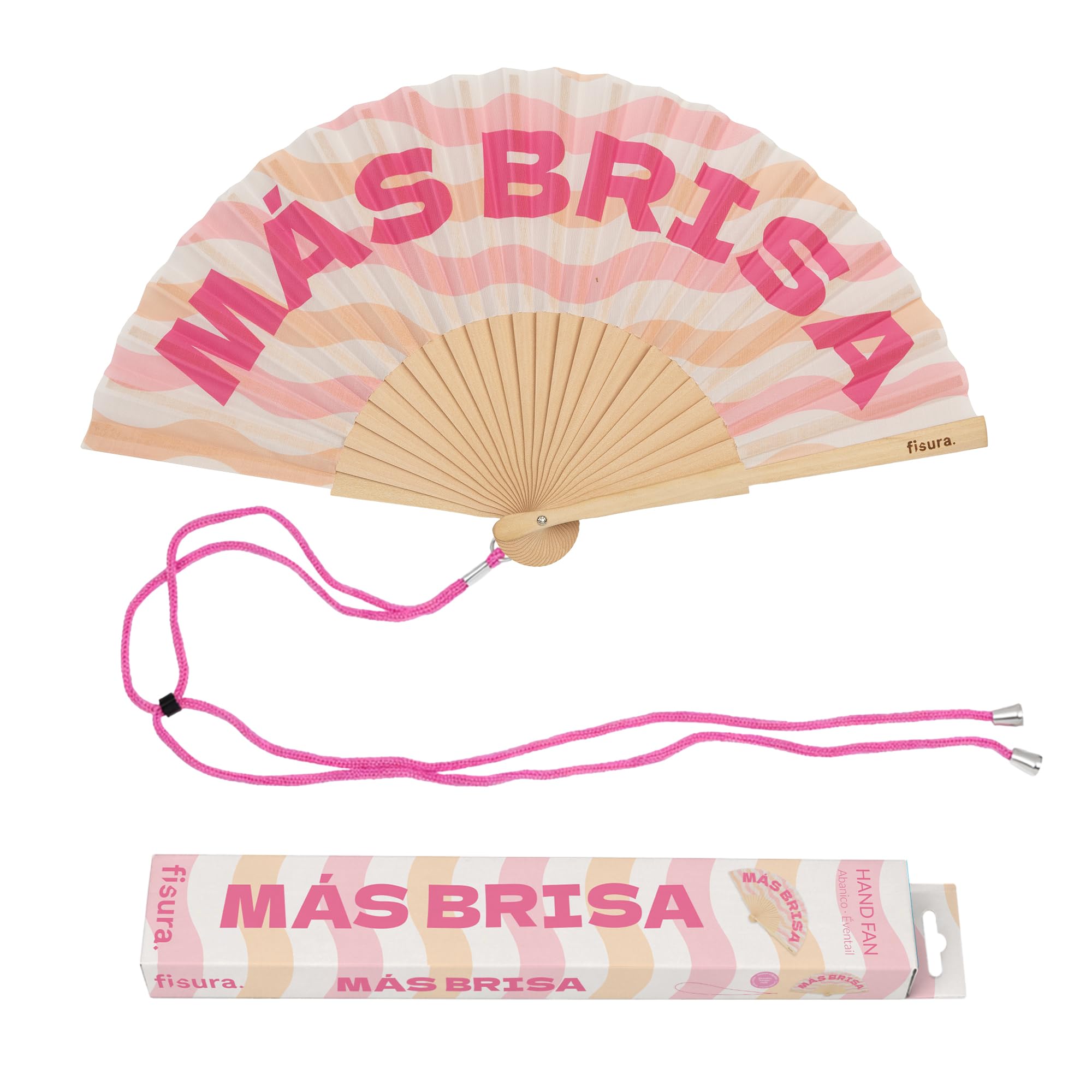 Fisura-Wachlarz drewniany z napisem “Más brisa”, różowy wachlarz ręczny z falami i zawieszką, lekki dodatek na lato i gorące dni 42,5 x 23 cm