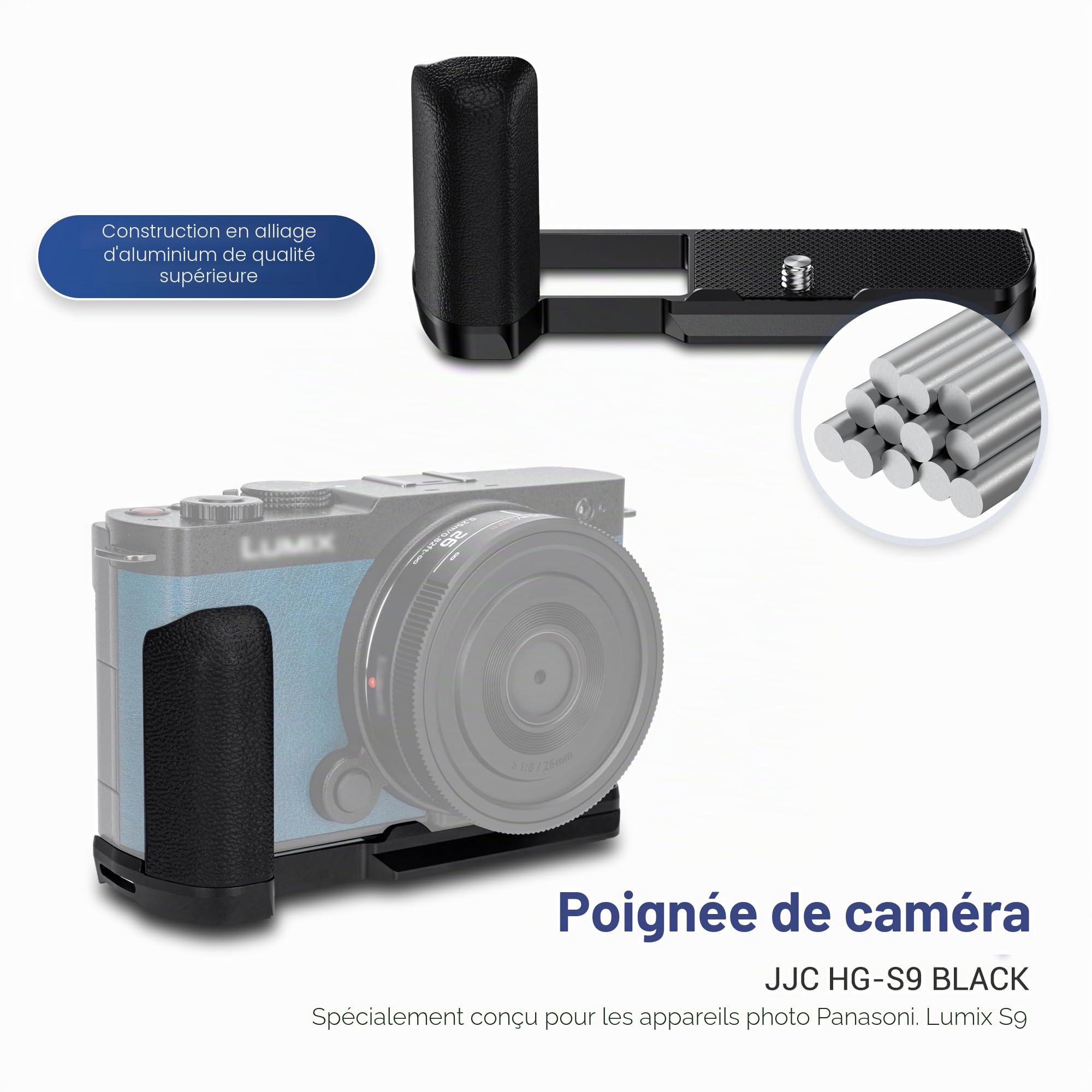 JJC Poignée en métal pour appareil photo Panasonic Lumix S9, poignée S9 avec plaque à dégagement rapide Arca en alliage d'aluminium, support en L antidérapant, poignée en silicone améliorée, noir