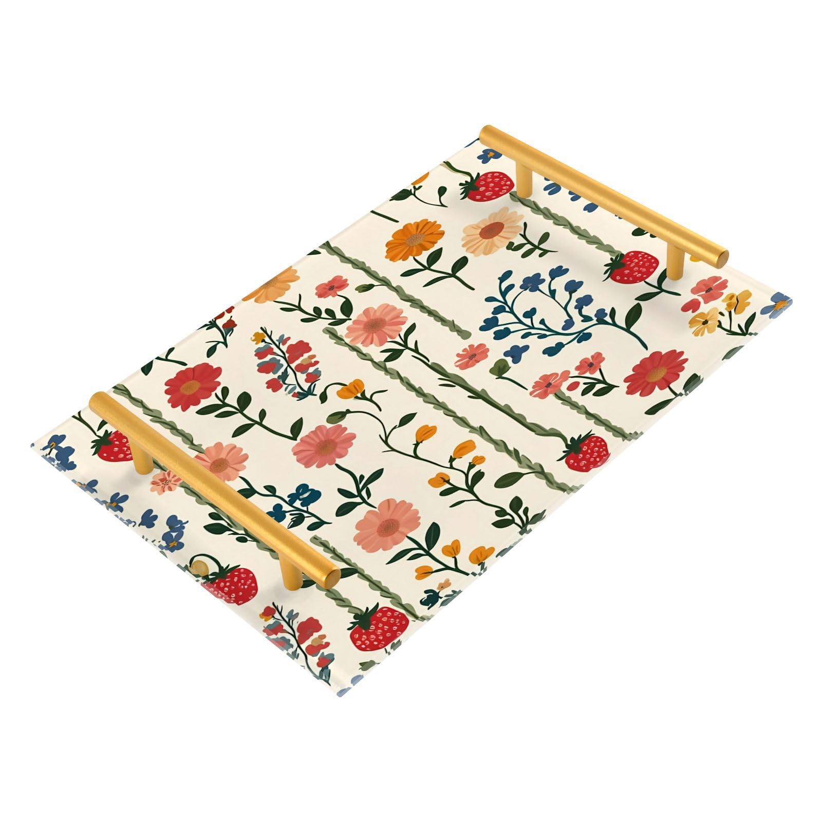GUIJI Strawberry & Flower Vine Acrylic Tray, Perfume Cosmetic Jewelry Decorative Trays Bathtub Organizer, Living Room Kitchen Serving Tray with Gold Handles
