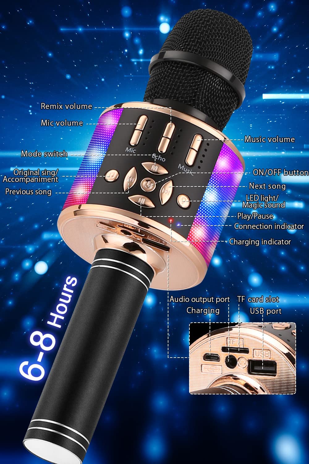 BONAOK Microfono per Karaoke Senza Fili, Microfono per Karaoke con suono magico, Macchina per Karaoke Bluetooth 4 in 1, microfono per Karaoke, per Feste/all'aperto/Viaggi (Oro Nero)
