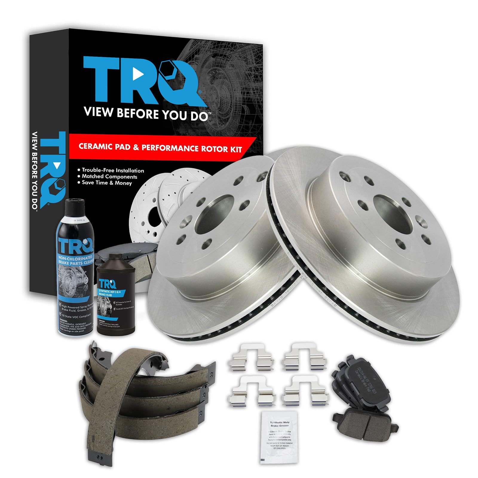 TRQ Rear Brake Pad &amp; Rotor Kit, with Chemical Kit Parking Brake Shoe Set Ceramic Compatible with 2008-2012 Land Rover LR2