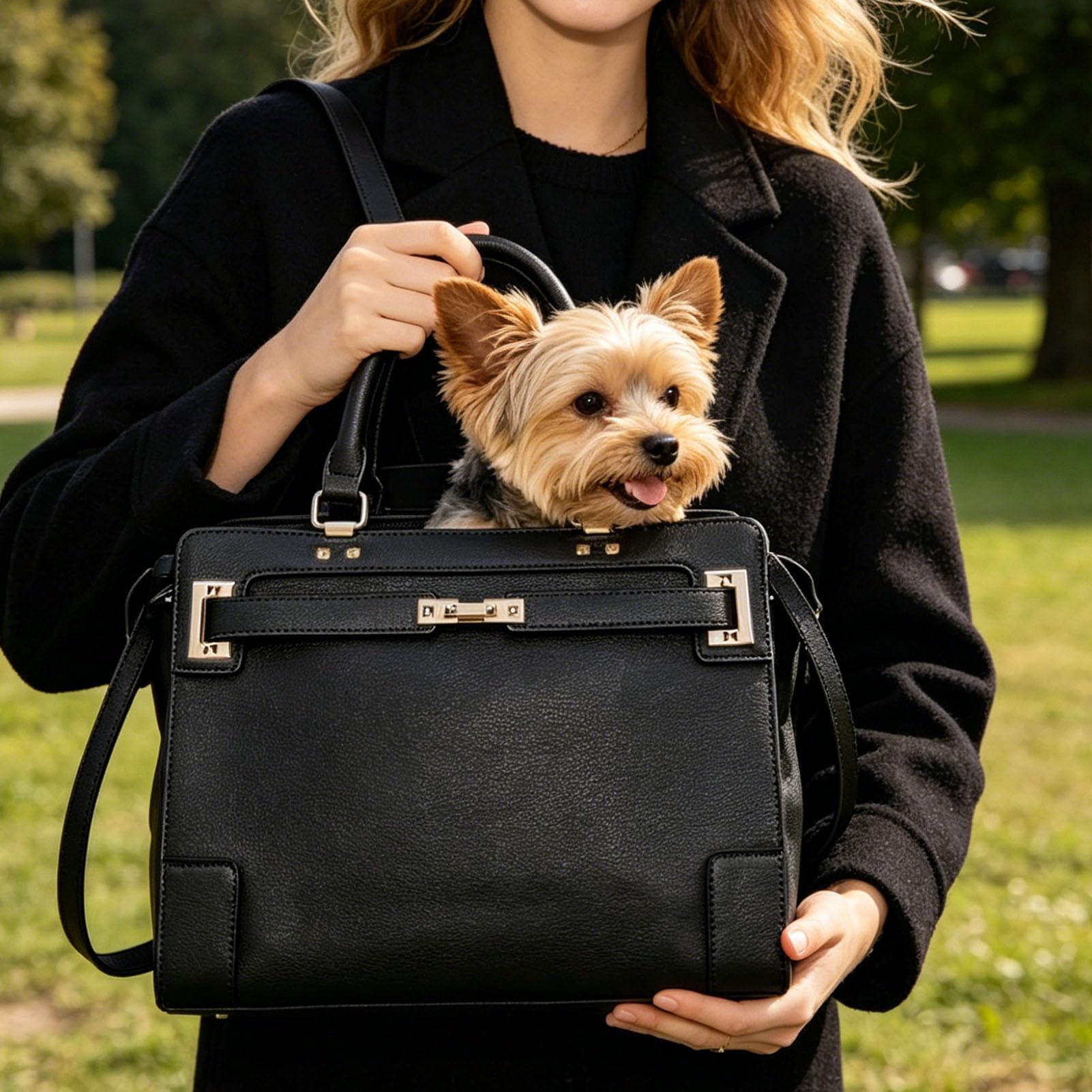 Elegante Transportín Lavable de Piel Sintética, Bolso para Perros Gatos Bolso de Viaje con Malla Transpirable y Carcasa Rígida Interior Acolchado y Seguro para Exteriores (Black)