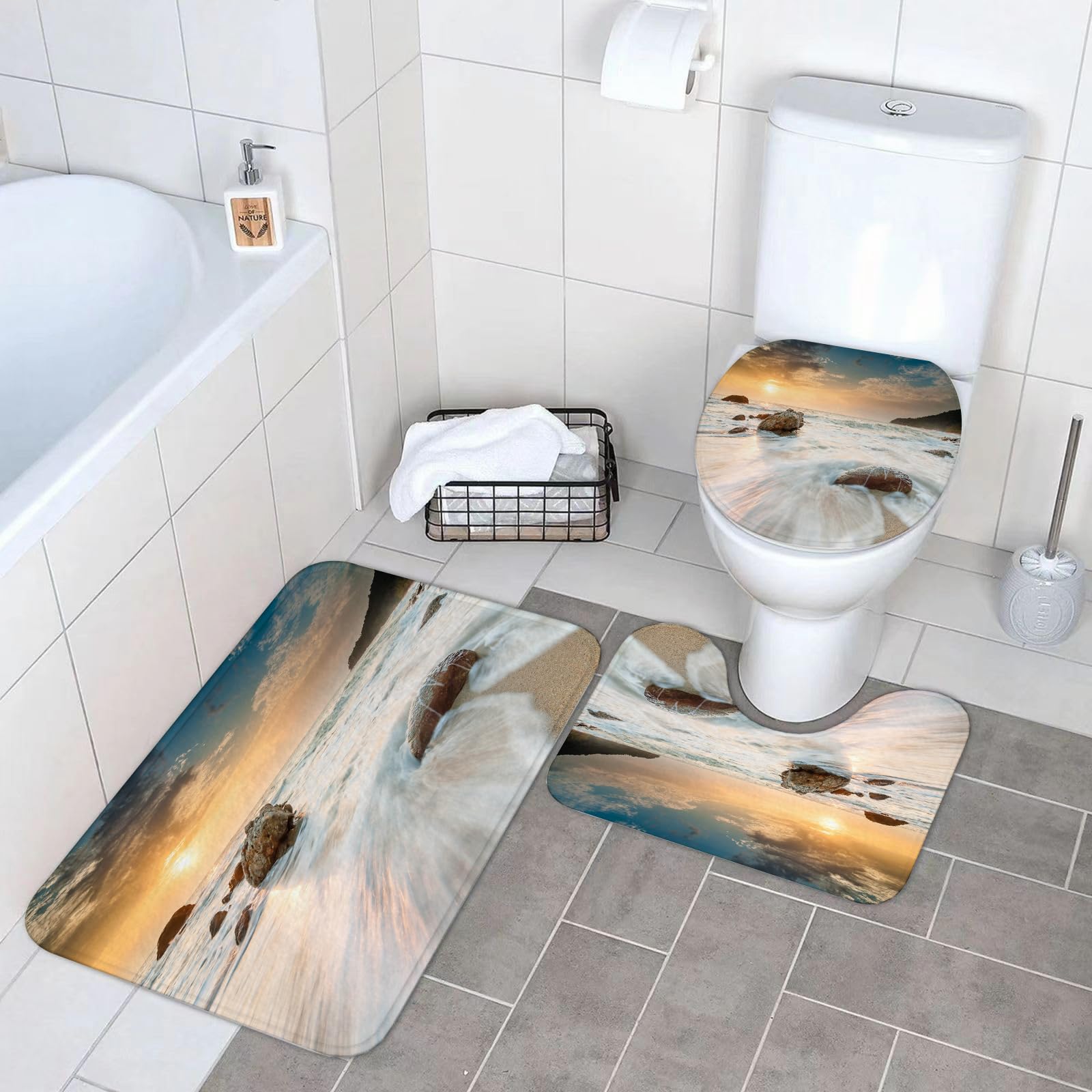 Set di 3 tappetini da Bagno, Lavabili in Lavatrice e Antiscivolo, tappetini in Morbida Fibra Superfine, Decorazioni a Tema Marino, Grandi Onde del Mare sulla Spiaggia e orizzontalm