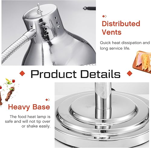 Miniatura 5 de VIHOSE Lámpara de calor de alimentos de acero inoxidable plateado con bombilla de 250 W, portátil, para catering, calentador de alimentos comercial,