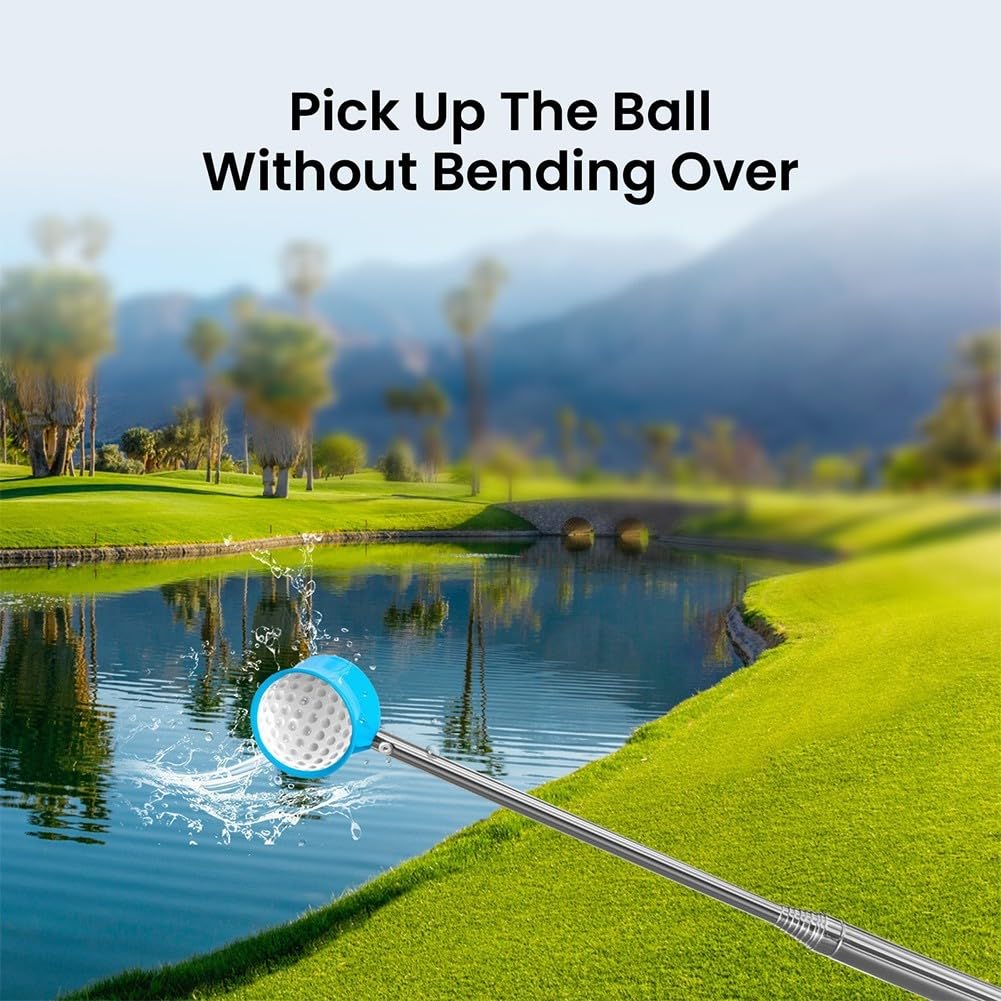 Récupérateur de balles de golf télescopique en acier inoxydable, longueur extensible de 2,7 m et 3,7 m, ramassage double face sécurisé, poignée antidérapante pour les dangers liés à l'eau (bleu 3,7 m)