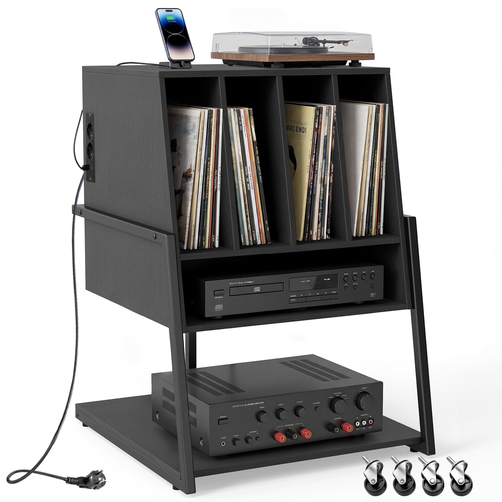 COSTWAY Meuble Platine Vinyle avec Prise, Meuble Rangement jusqu'à 180 Vinyle, 4 roulettes Inclus, Étagères, 5 Compartiments, Support Tourne Disque pour CD, DVD, Manga, Livres(avec Prise,Noir)