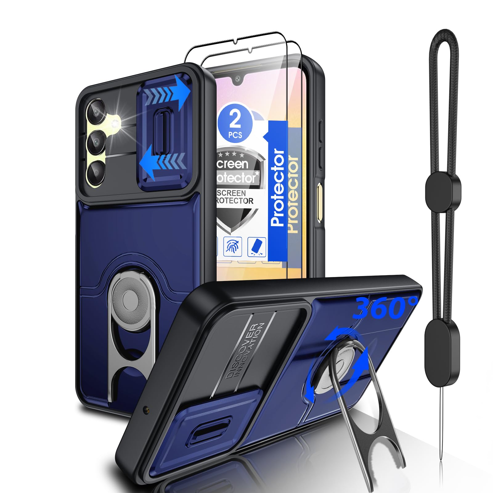 Dizn for Samsung Galaxy A25 5G Phone Case:with Slide Camera Cover,2 Pcs Screen Protector,Military-Grade Shockproof Protective with 360°Ring Cover,Funda para (6.5-Inch) Samsung A25,Blue