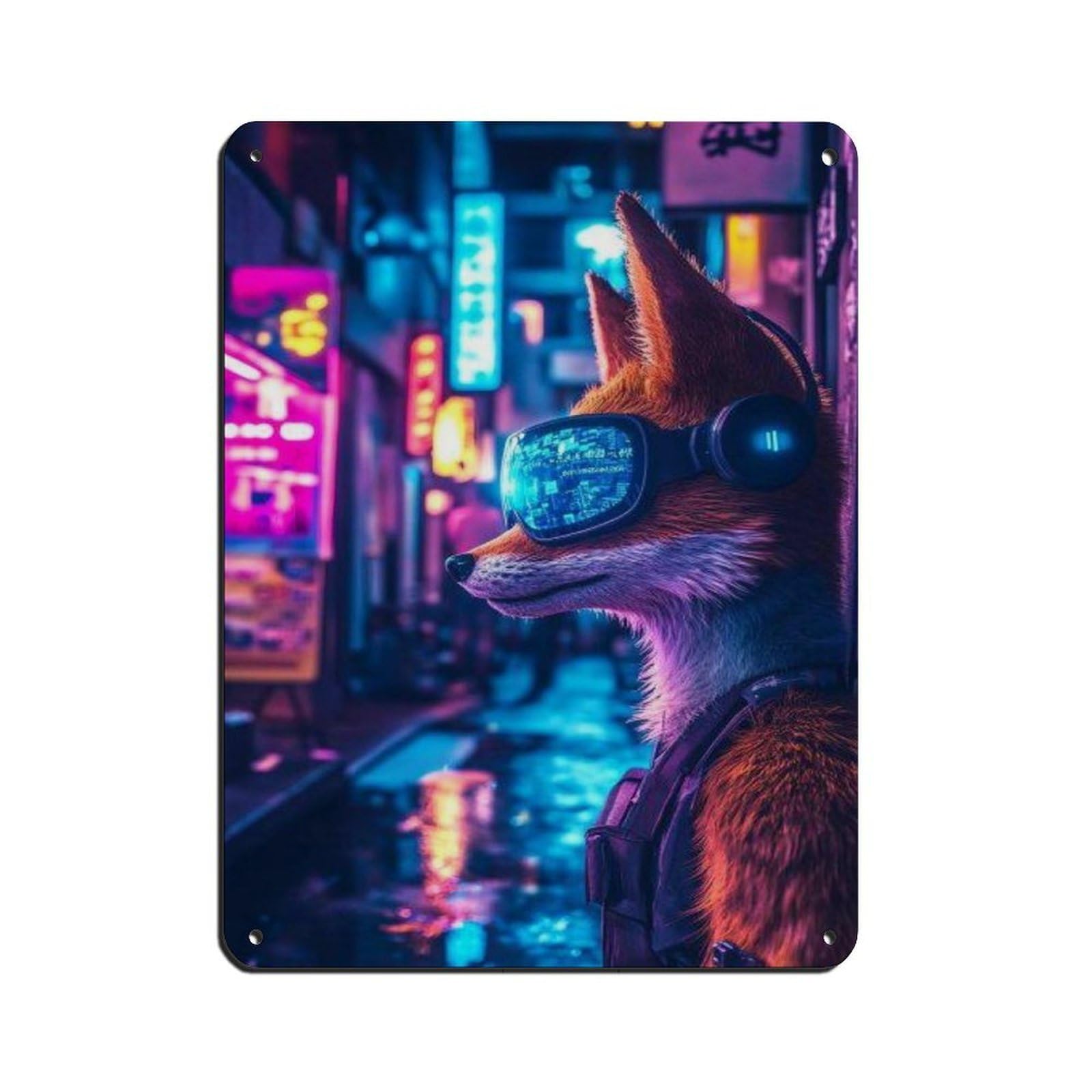 Cyberpunk Fox, Futuristic Animal Decor Retro Poster Metal Tin Sign Chic Art Retro Iron Painting Bar People Cave Cafe Family Garage Poster Wall Decoration 12x16inch(30x40cm)