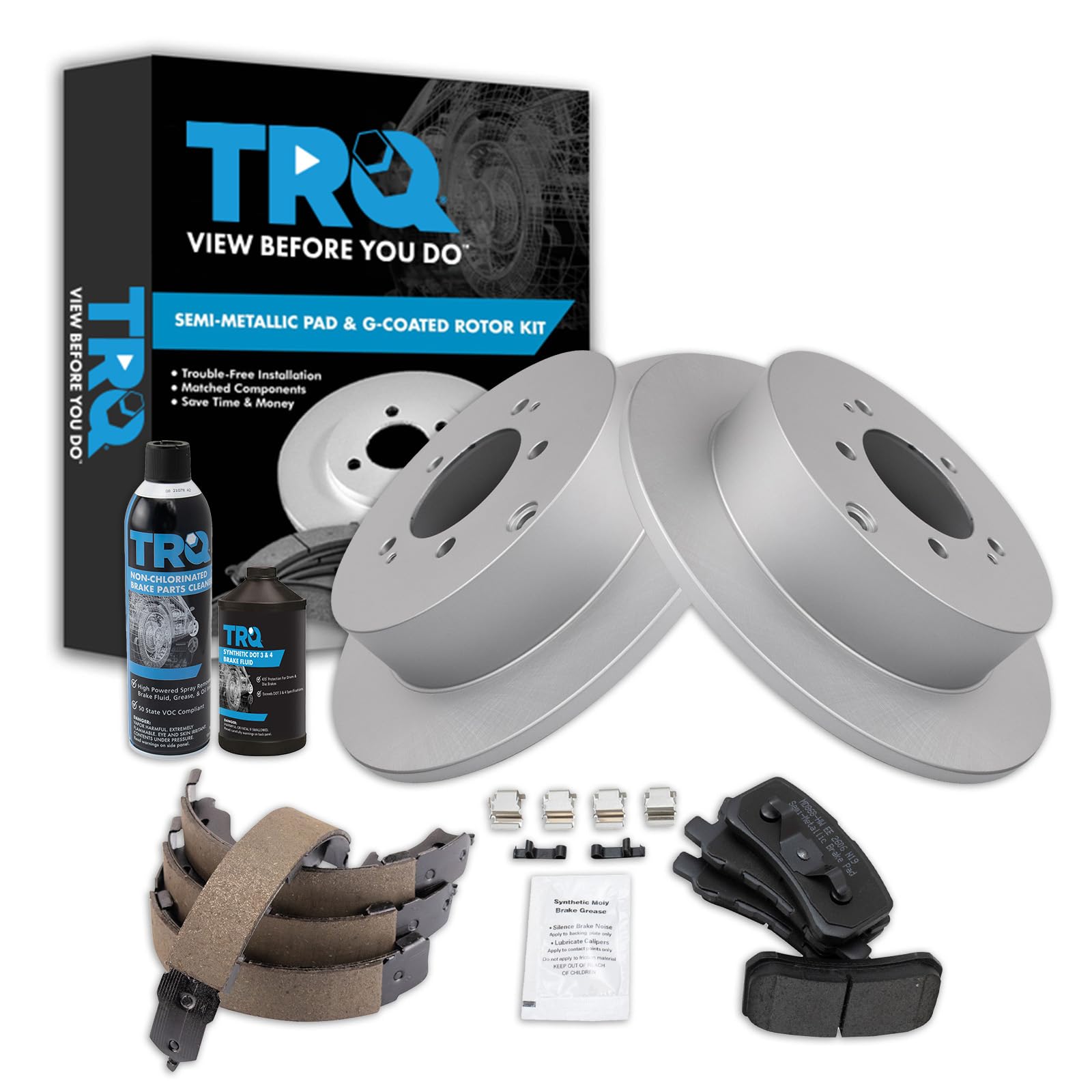TRQ Rear Brake Pad &amp; Rotor Kit, with Chemical Kit Parking Brake Shoe Set Semi-Metallic Premium G-Coated Compatible with 2008-2011 Mitsubishi Outlander