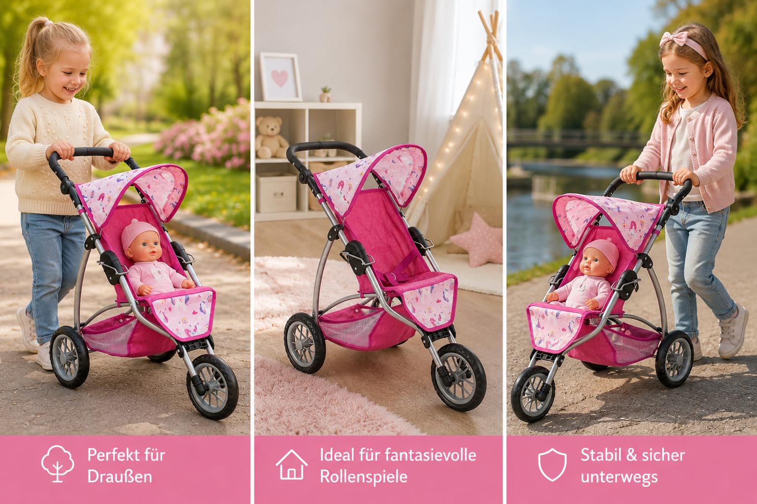 Bayer Chic 2000 - Wózek dla lalek Leon, jogging Buggy, dla dzieci w wieku od 4 do 8 lat, jednorożec, różowy