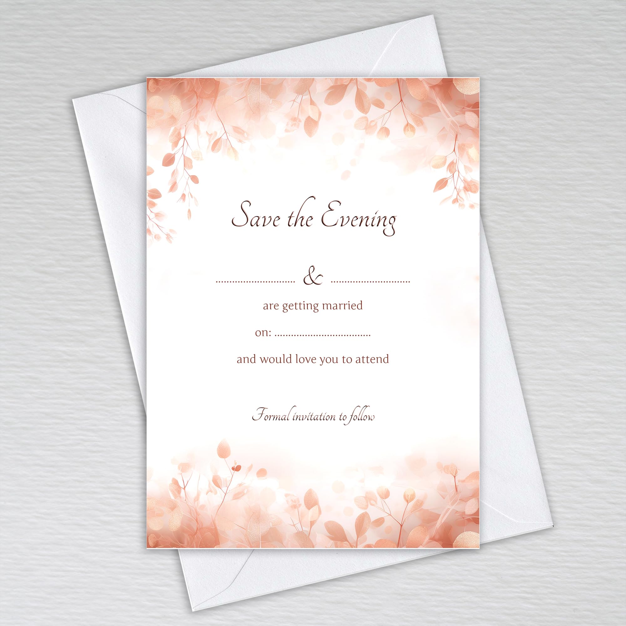 Webspectations Rose Gold Leaf Save the Evening Cards with Envelopes/Elegant Theme with Peach and Blush Pink Tones Wedding: Rose Gold Leaves Save the Evening Invites (Pack of 50 with Envelopes) — image 1