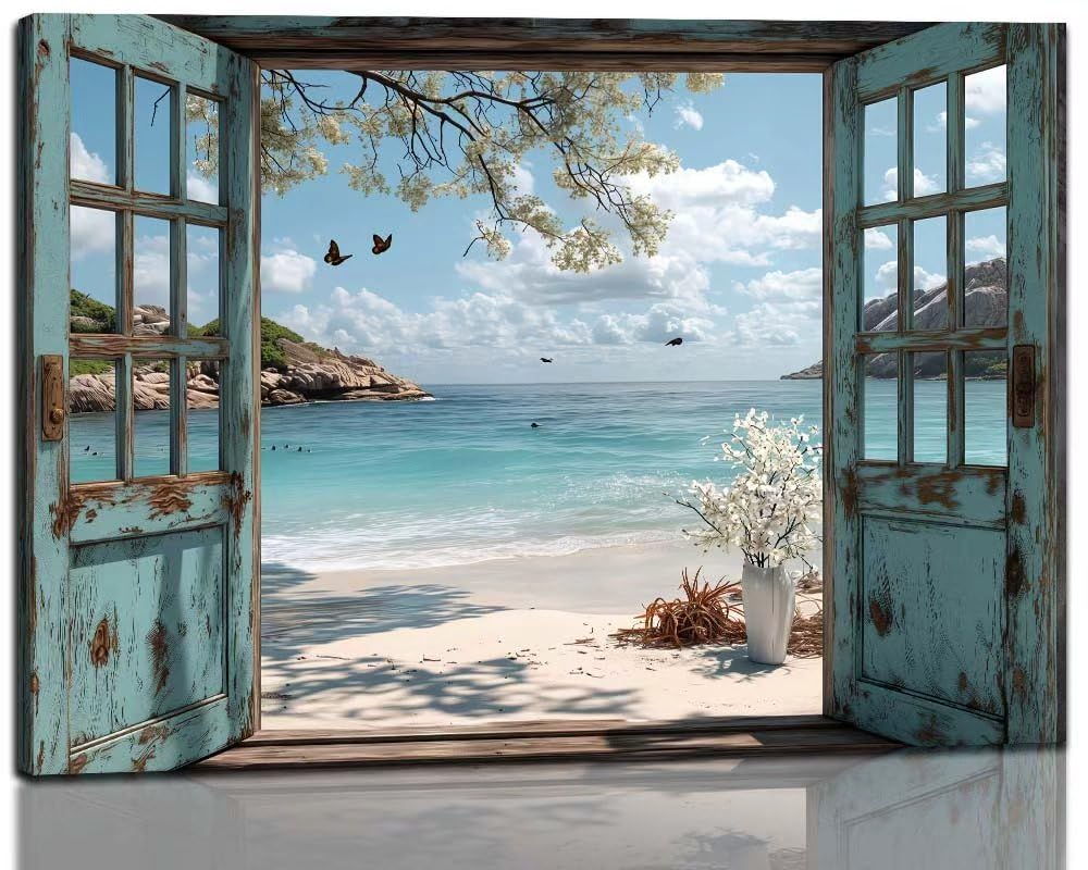 Framed Open Window Beach Canvas Wall Art Coastal Wall Decor Picture White Flowers and Butterflies Painting Artwork Fake Window Wall Art Horizontal Nature Landscape Seaside Summer Print for Home