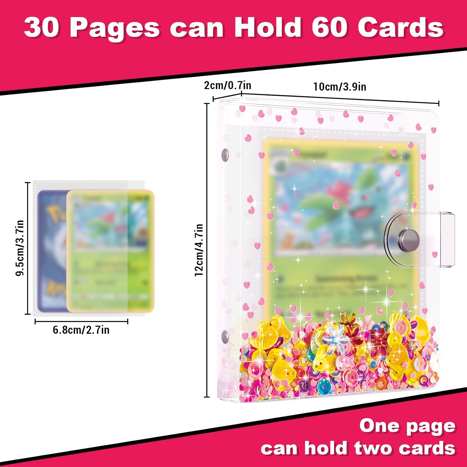 Transparent Pink Card Binder for Pokemon, Cute Card Binder for Game Cards Trading Cards, Small Card Booklet for 3~10 Year Girls Gifts, Stocking Stuffers (Holds 60 Cards)