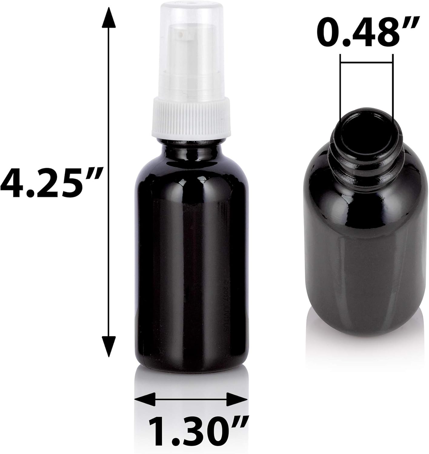 JUVITUS 1 oz Black Glass Luxury Boston Round Bottle with White Treatment Pump (24 Pack) + Funnel BPA Free Refillable Empty Storage Containers