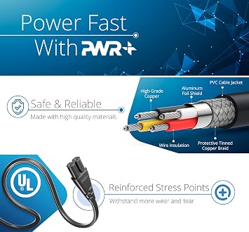 Pwr AC Cable Replacement Power Cord 2 Prong 6 Feet (Black)