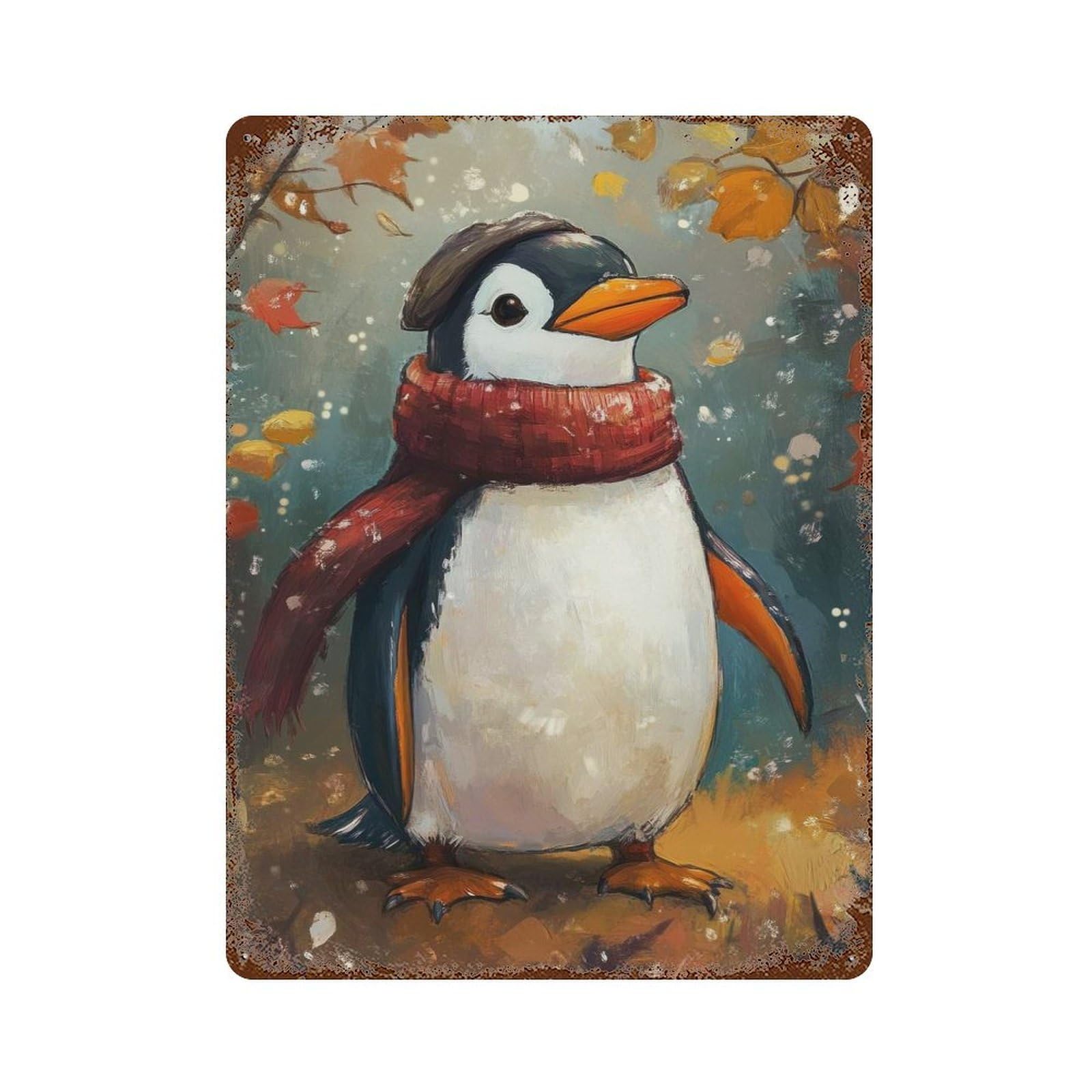 Decorative Tin Sign Cozy Penguin in Autumn 15.7"x11.8", Novelty Wall Decor for Shed, Workshop And Garage Wall Decor