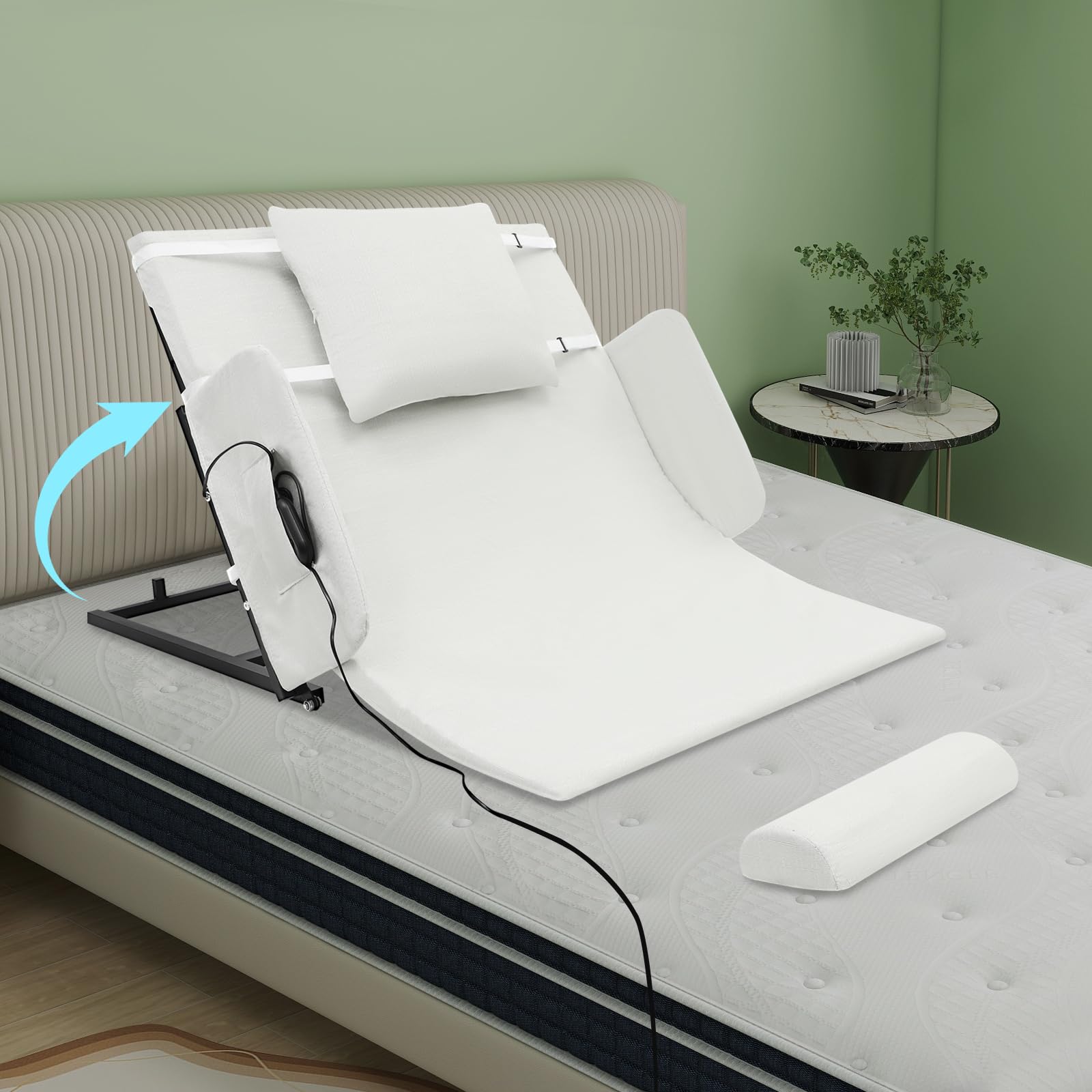 ACLICE Respaldo eléctrico ajustable 10-80° con mando a distancia, 100 kg, soporta 55 W, incluye cojín para medidores de piernas, color blanco, para ancianos, enfermería