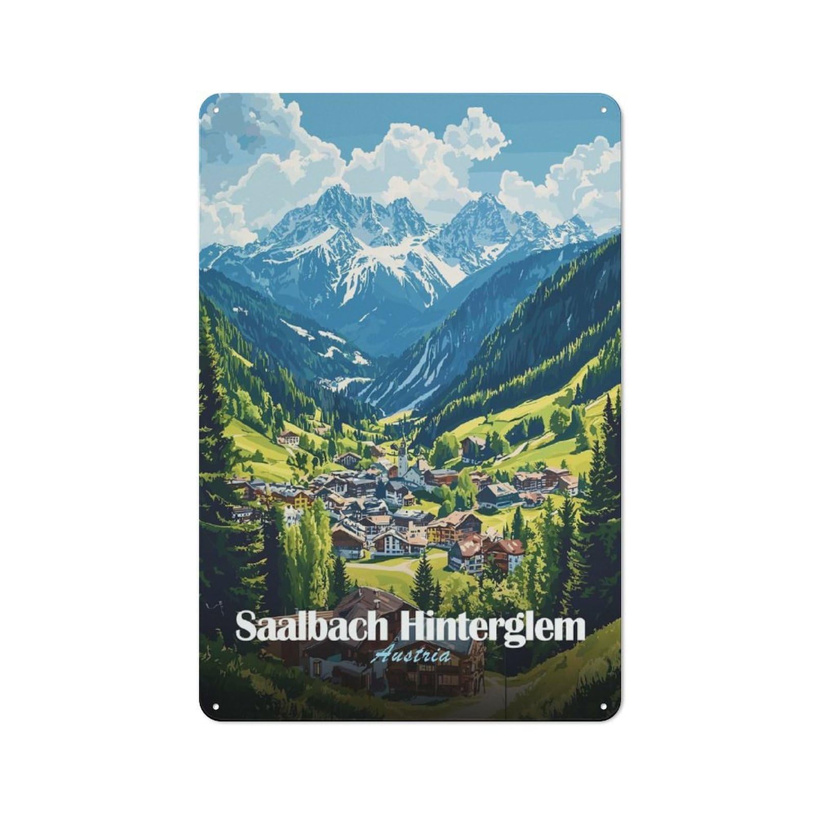 Junmoney Style-17 Tin Sign 30X20cm With Saalbach Hinterglemm Austria For Workshop Wall, Retro Decor, For Metal Sign Collectors, For Cafés, Pubs And Restaurants
