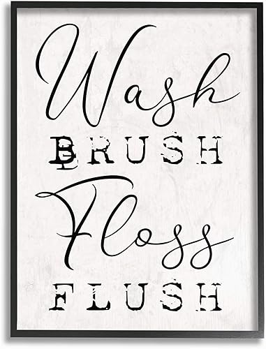 Stupell Industries Cepillo de lavado con hilo dental blanco envejecido, aspecto rústico, tipografía, marco negro, arte de pared, 24 x 30, multicolor