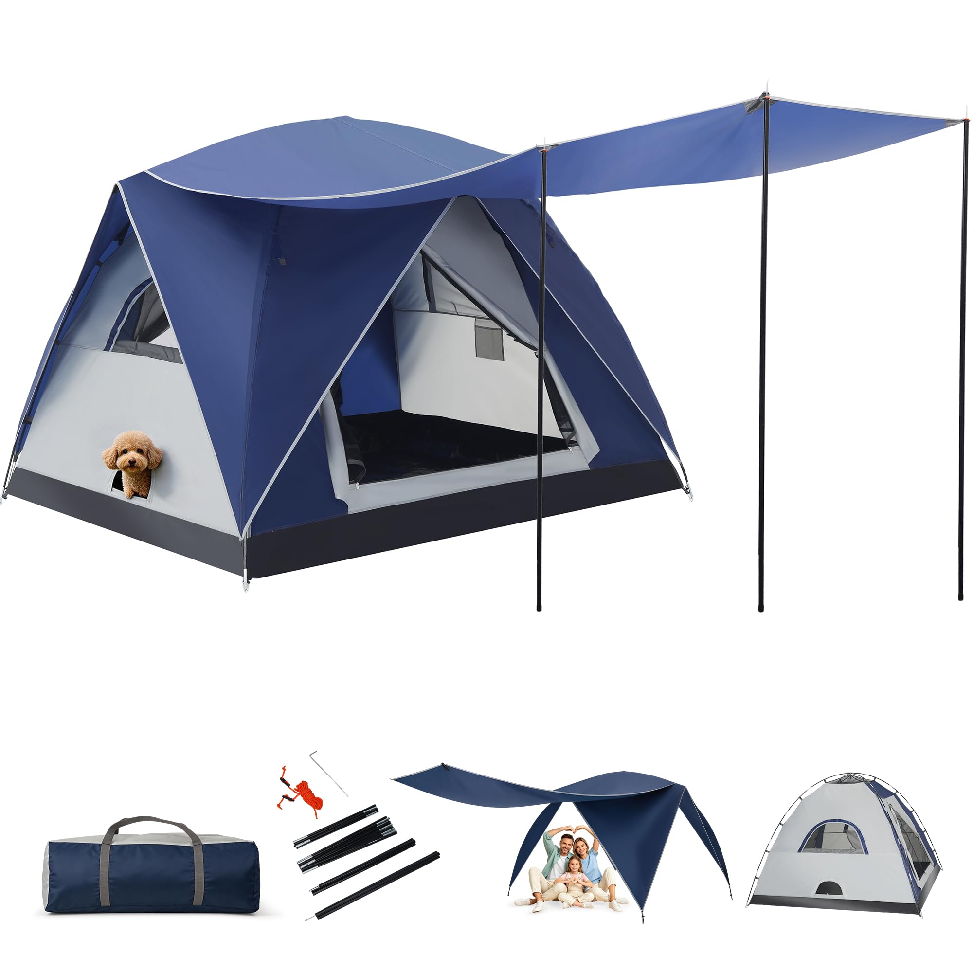 Tienda de campaña con cúpula para 2-3 personas con sala de estar y toldo, doble capa impermeable, ligera, fácil de instalar, bolsa de transporte portátil para senderismo, 210 x 210 + 150 x 160 cm