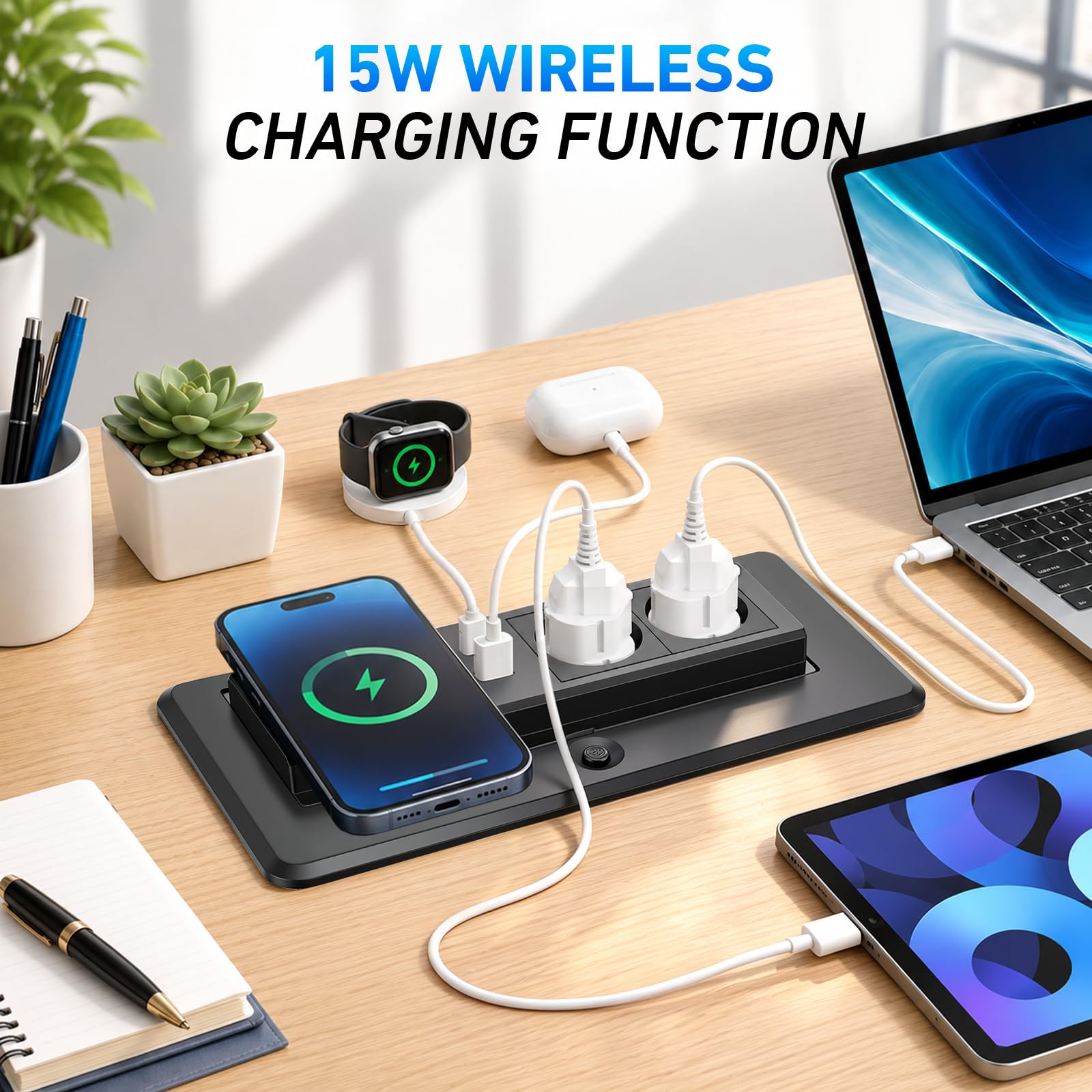 Versenkbare Steckdose 2-Fach mit USB A and USB-C PD 20W Schnellladefunktion & 15W kabellosem Ladegerät, Pop-Up Tischsteckdose für Arbeitsplatte, Schreibtisch, platzsparende Steckdosenleiste Einbau