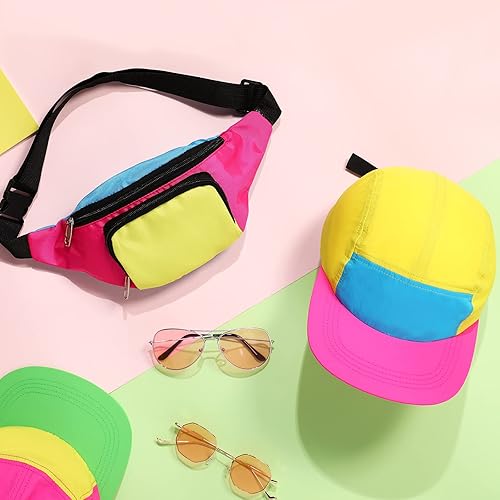 Miniatura 4 de Cindeer Paquete de 2 riñoneras de neón de los años 80 y 90 para mujer, sombrero de neón, cangurera retro para fiesta de los años 80 y 90, festival