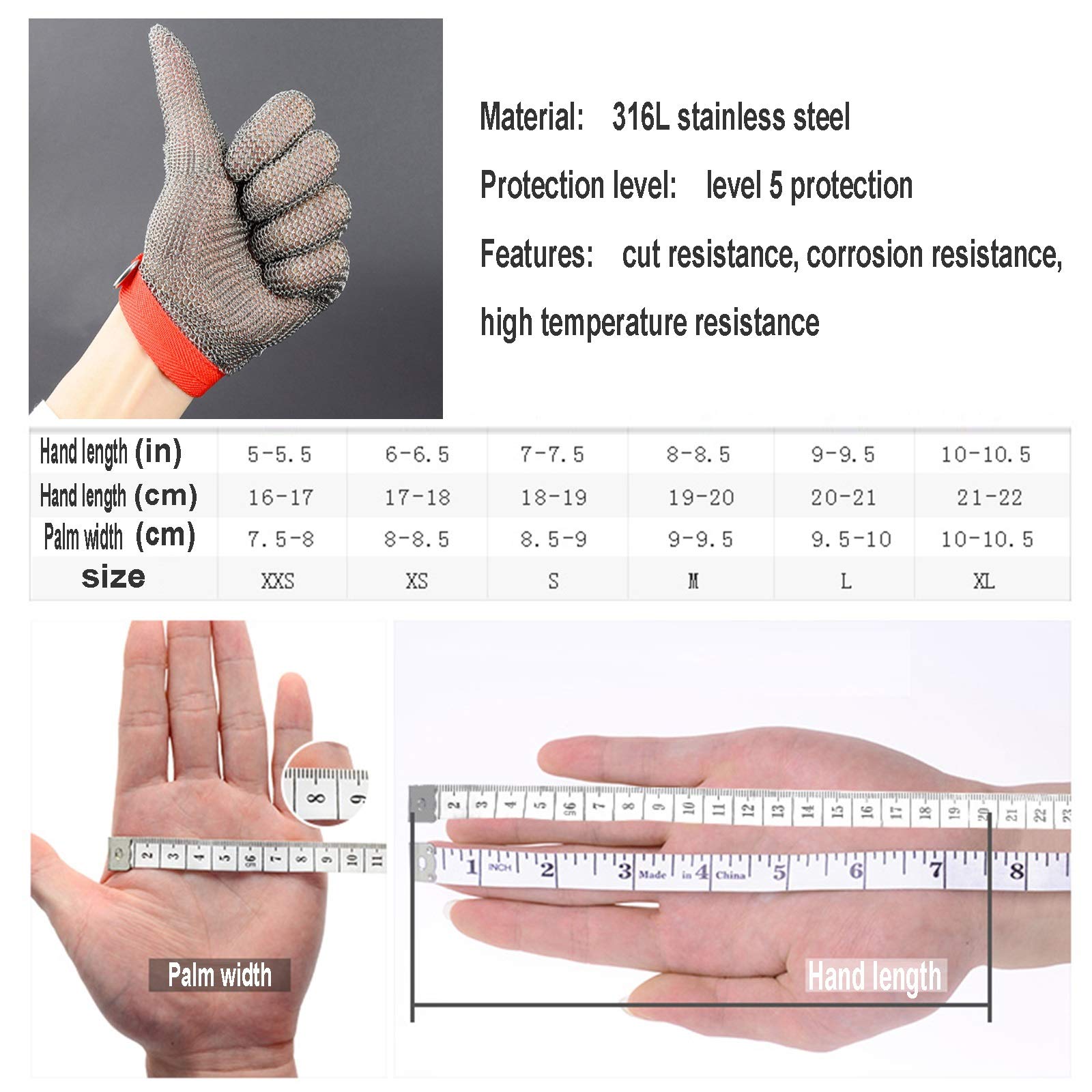 Guantes Anticortes, Guantes Resistentes a Cortes de Acero 316, Guantes de Trabajo de Seguridad de Nivel 5, protección para Dedos en Herramientas de Cocina o industriales, 5 tamaños