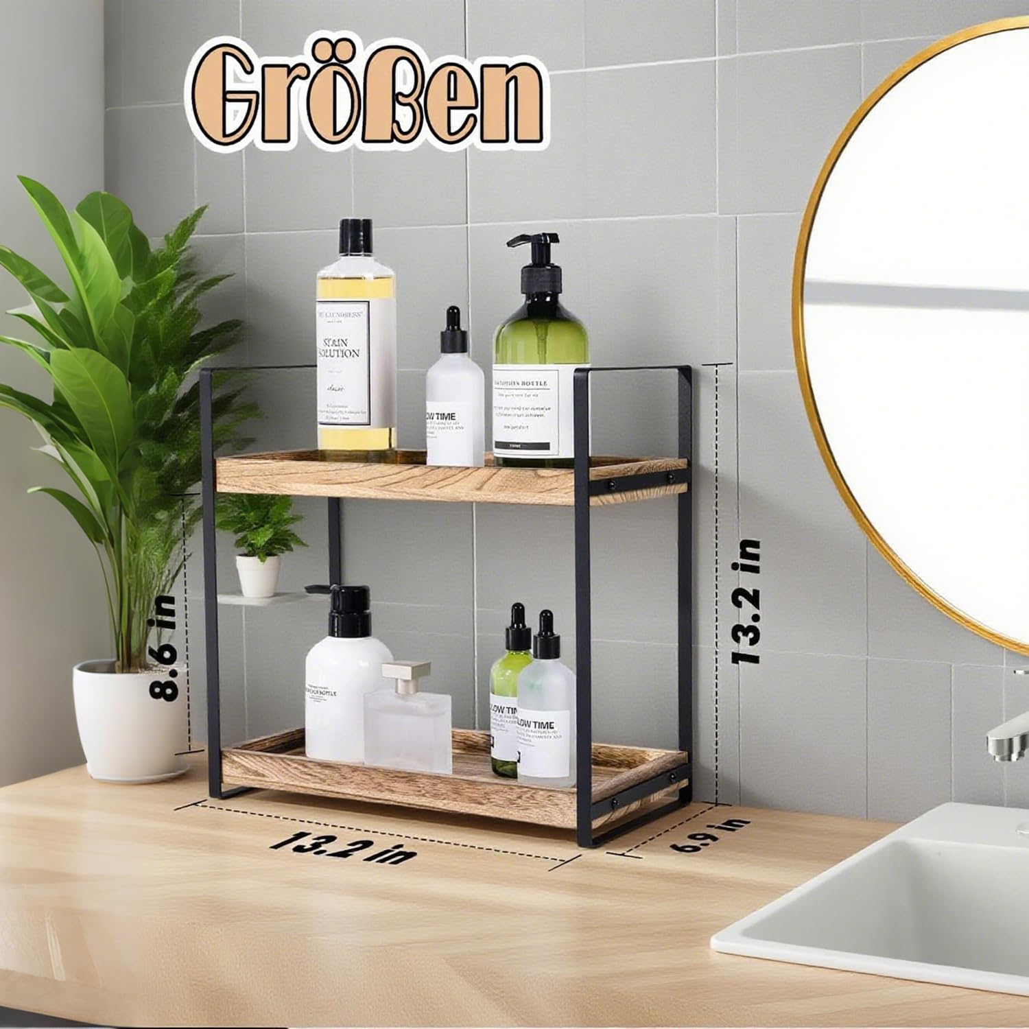 Scaffale da Bagno in Legno Verticale e Stretto, Piccolo Organizzatore per Bagno, Portatrucchi per Toeletta o Cucina, Mensola da Appoggio (2 Livelli)