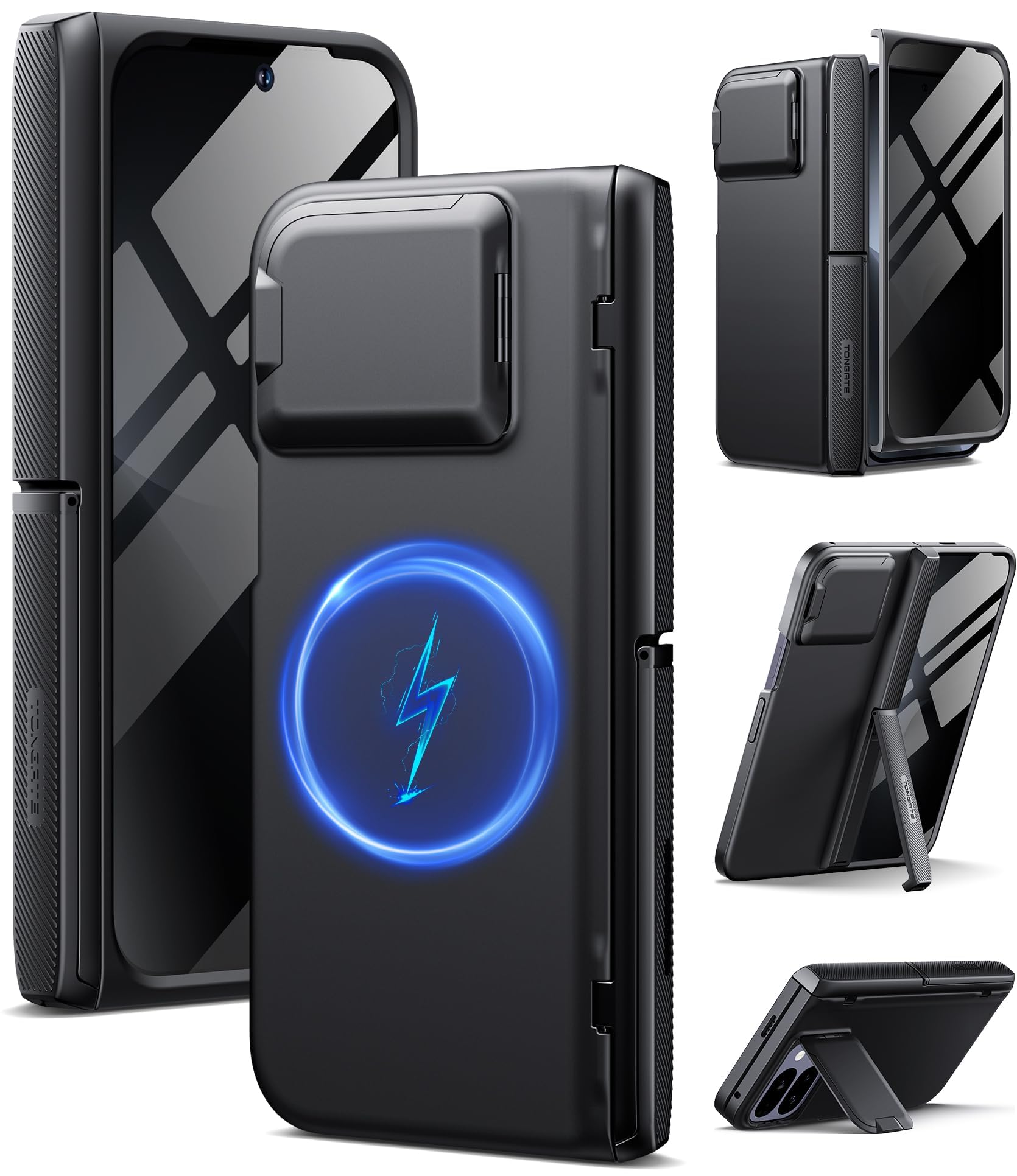TONGATE マグネティック for Pixel 10 Pro Fold ケース、ガラススクリーンプロテクター付き、[MagSafe対応] [カメラカバー＆ヒンジ保護付き] Google 10 Pro Fold用フルボディ耐衝撃スタンドケース、プライバシーブラック