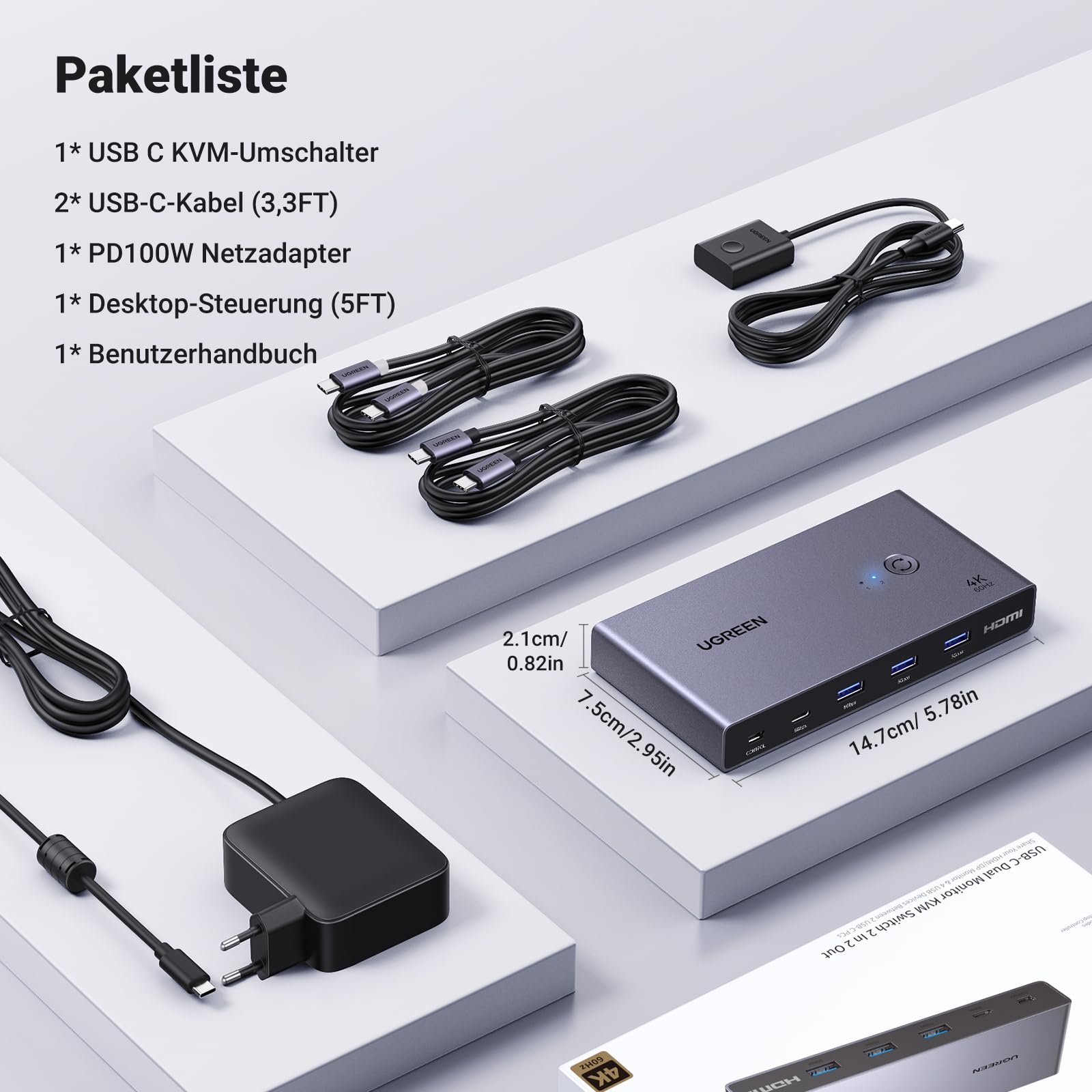 UGREEN USB-C KVM Switch 2 PC 2 Monitore 4K@60Hz, USB C Switch 2 Inputs 2 Outputs mit 4 USB 3.0 Ports, 2 Laptops teilen sich zwei Monitore Tastatur, Maus, Festplatte, Drucker mit PD100W Netzteil