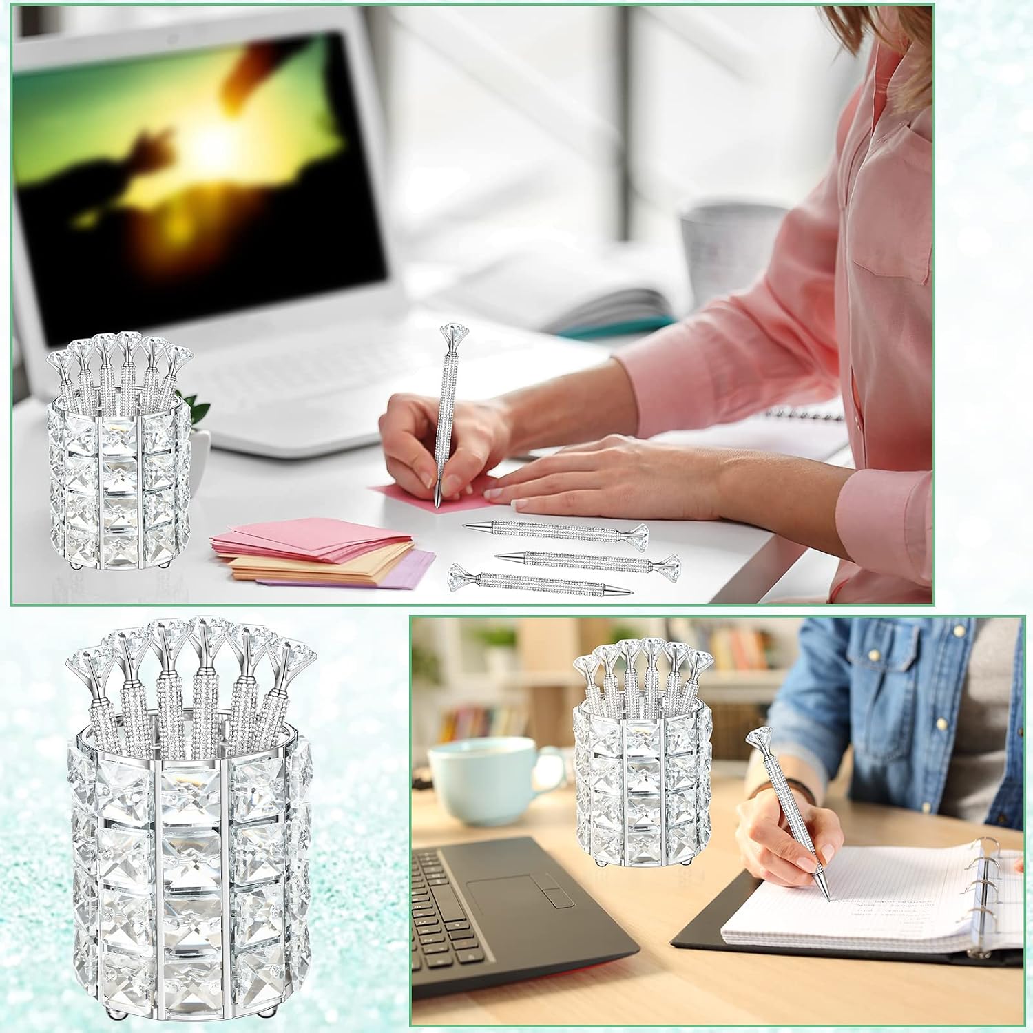 BBTO Crystal Pencil Holder Desk 6Pcs Diamond Rhinestone Pens Crystal Ballpoint Pen for Women Girls, Multi-Functional Makeup Brush Organizer Cup Home Offices Schools (Sliver, Crystal) Silver